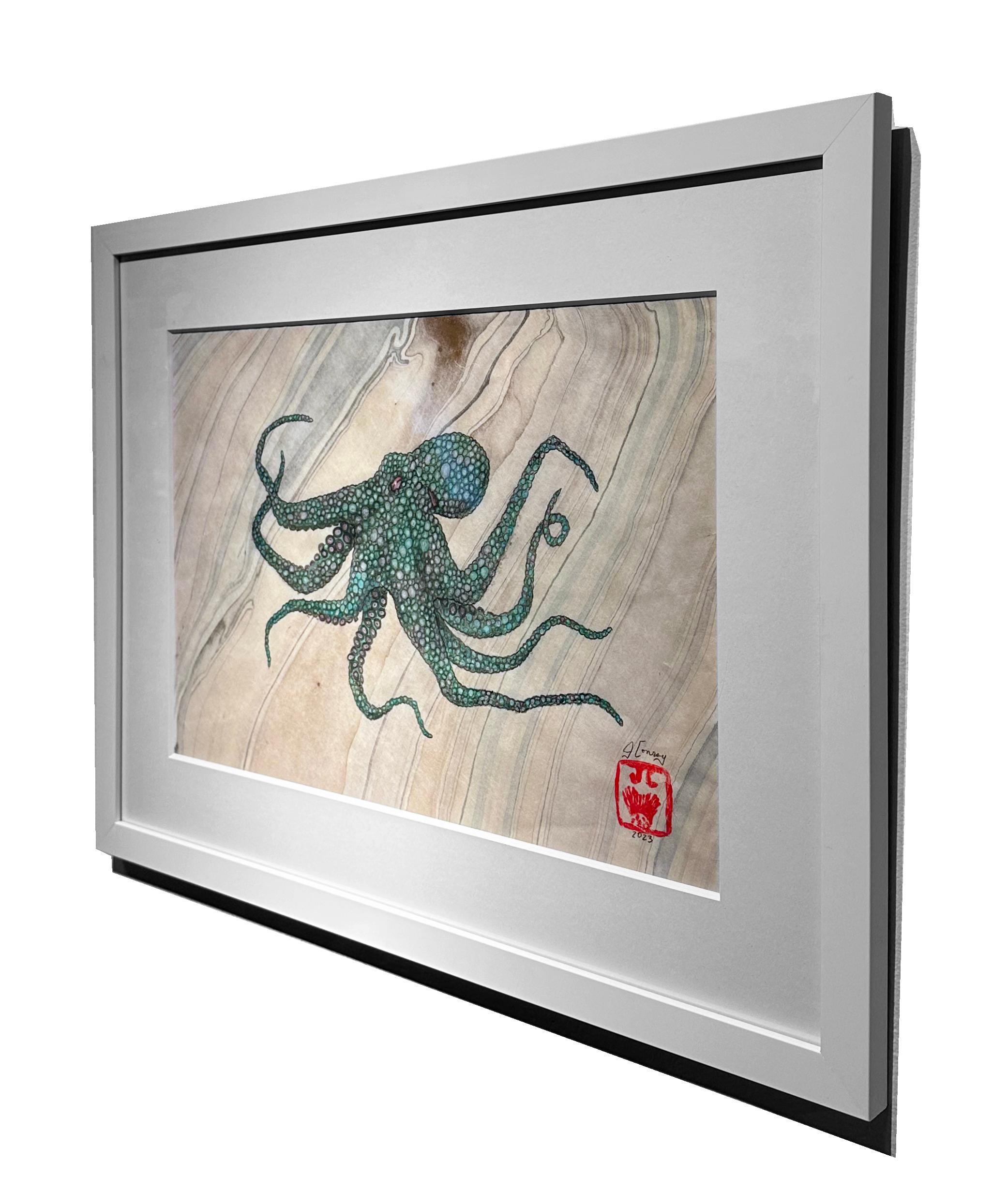 Absinthe Makes The Heart Grow Fonder - Pulpo, Pintura de Tinta Sumi Estilo Gyotaku en venta 1