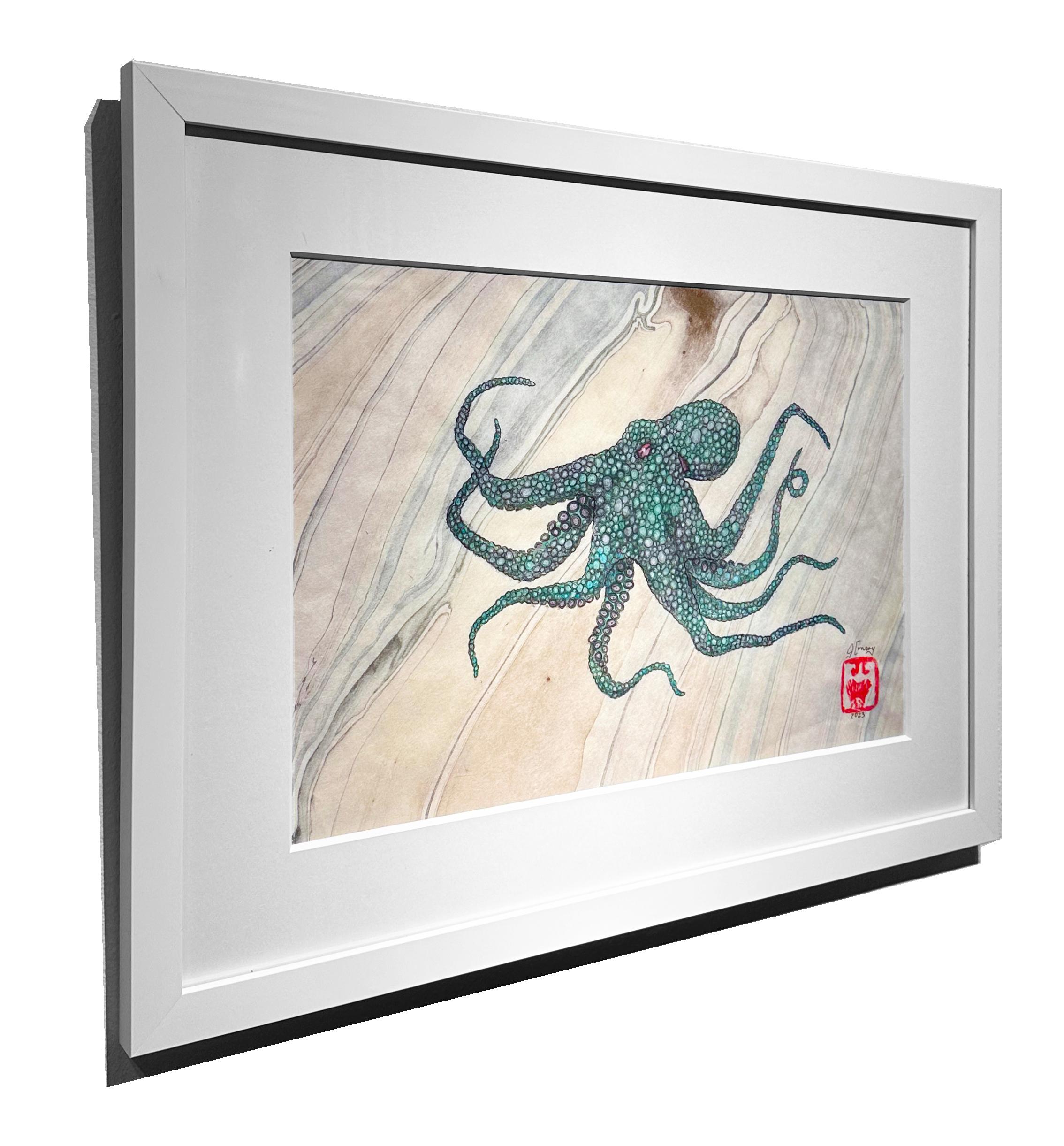 Absinthe Makes The Heart Grow Fonder - Pulpo, Pintura de Tinta Sumi Estilo Gyotaku en venta 2