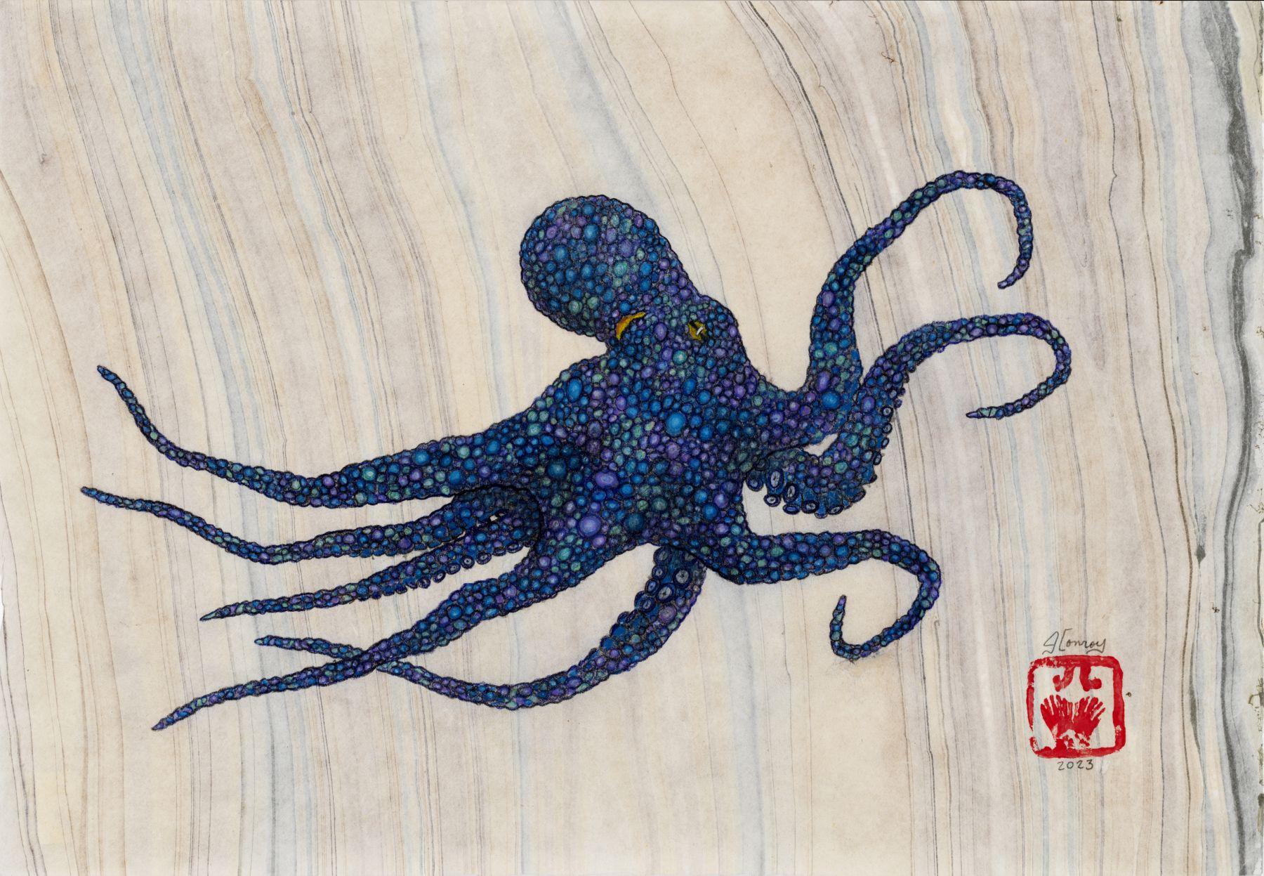 Jeff Conroy Animal Art - Boo Berry - Gyotaku Style Sumi Ink Painting of a Multi-Colored Octopus 