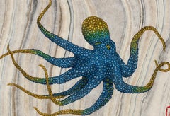 Cobalt Canary - Gyotaku Style Sumi Ink Painting, Multi-Colored Octopus, Framed