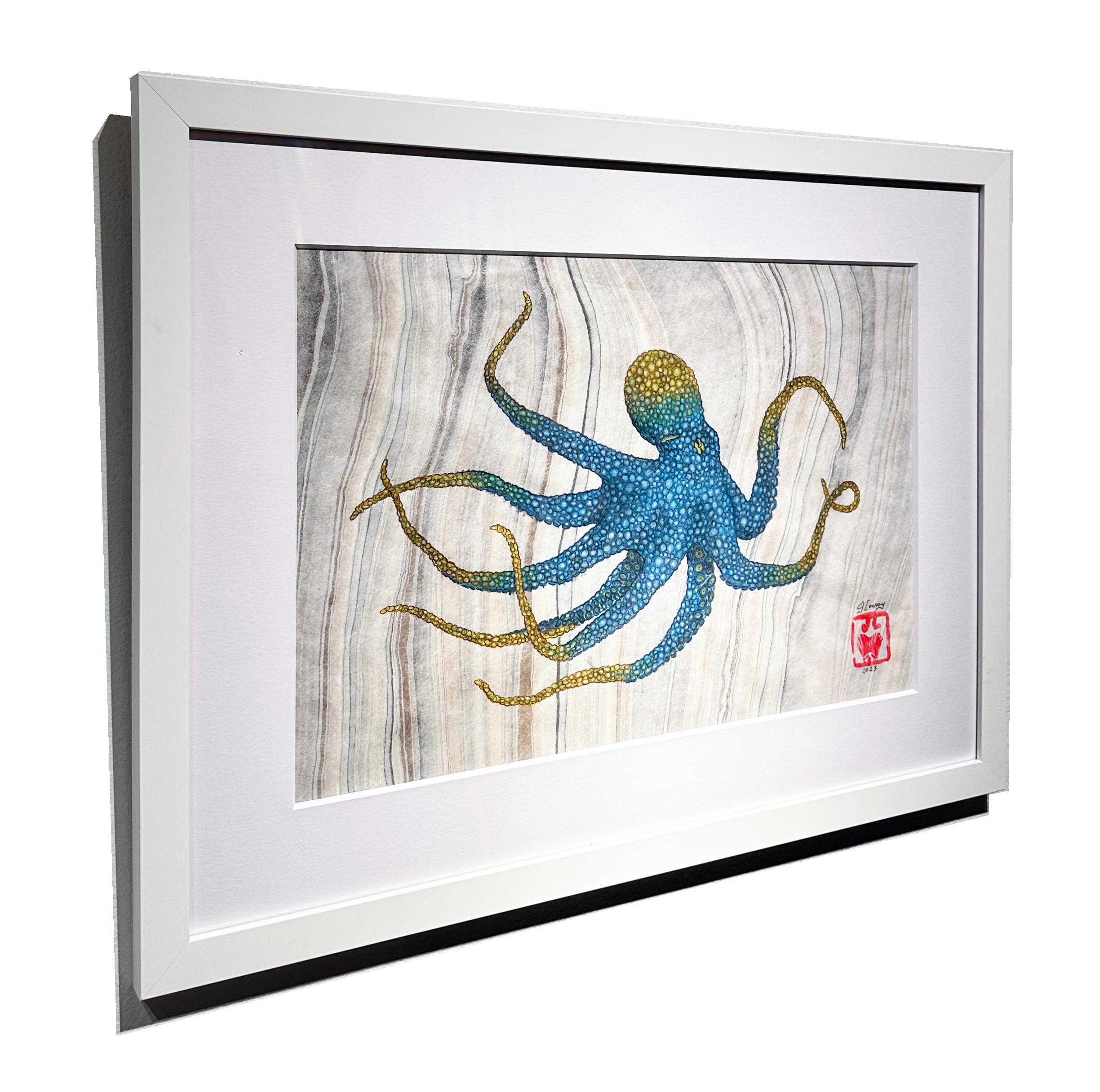 Kobaltkanarisches Sumi-Tintegemälde im Gyotaku-Stil, mehrfarbiger Octopus, gerahmt im Angebot 3