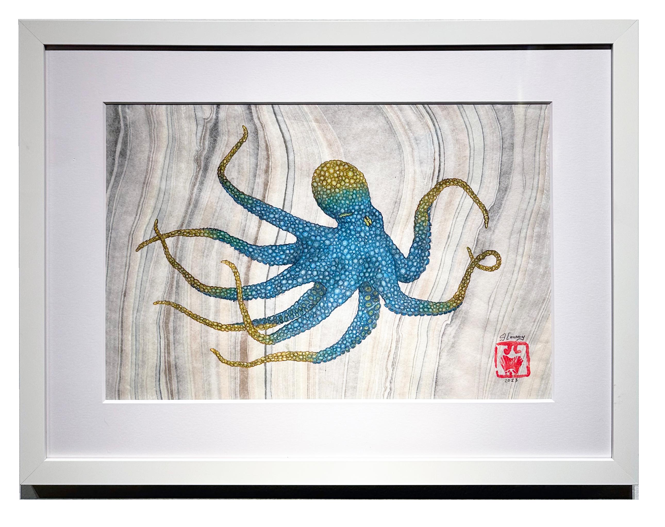 Kobaltkanarisches Sumi-Tintegemälde im Gyotaku-Stil, mehrfarbiger Octopus, gerahmt im Angebot 4