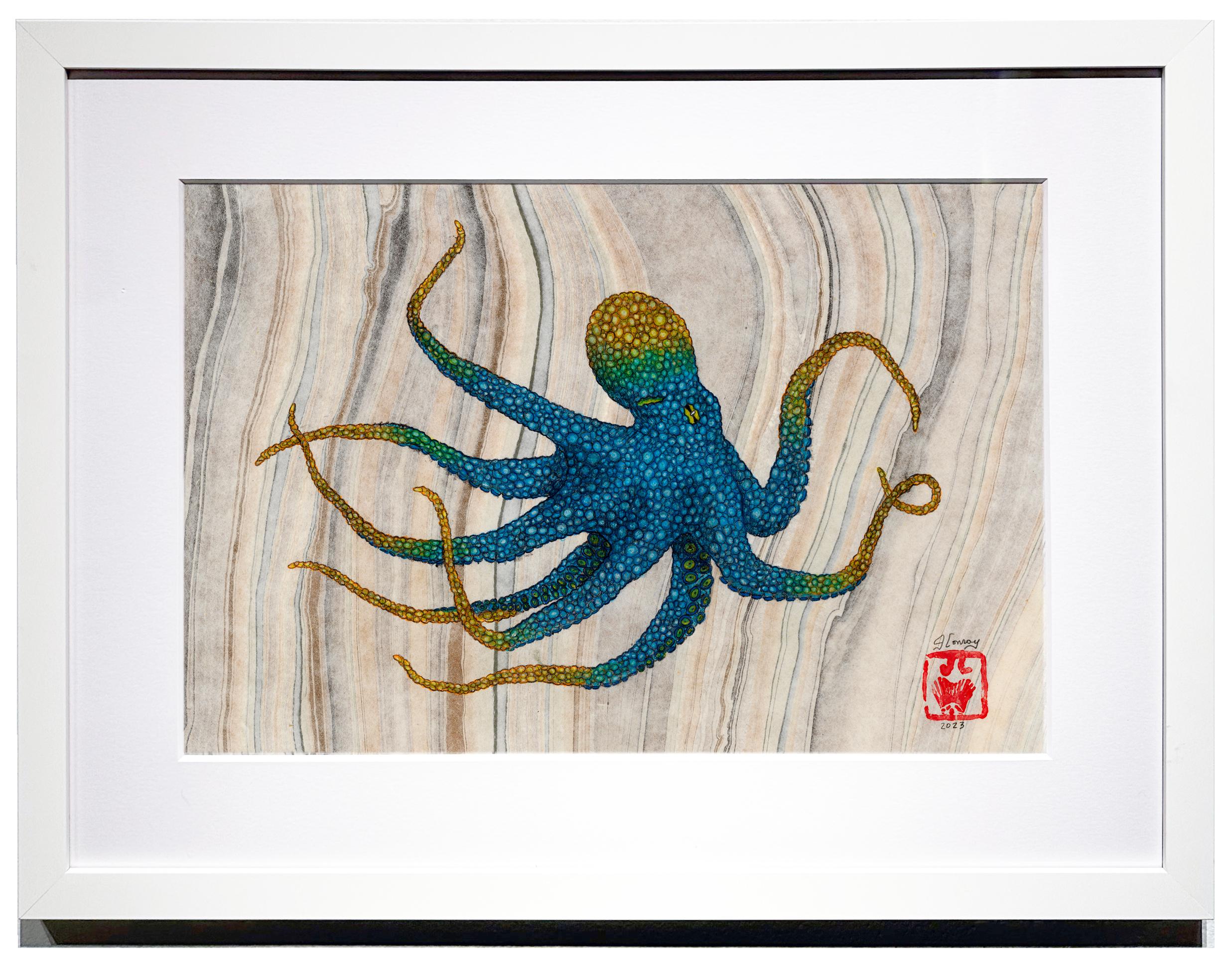 Jeff Conroy Animal Art – Kobaltkanarisches Sumi-Tintegemälde im Gyotaku-Stil, mehrfarbiger Octopus, gerahmt