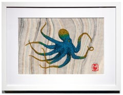 Canari cobalt, peinture à l'encre Sumi de style Gyotaku, octope multicolore, encadrée