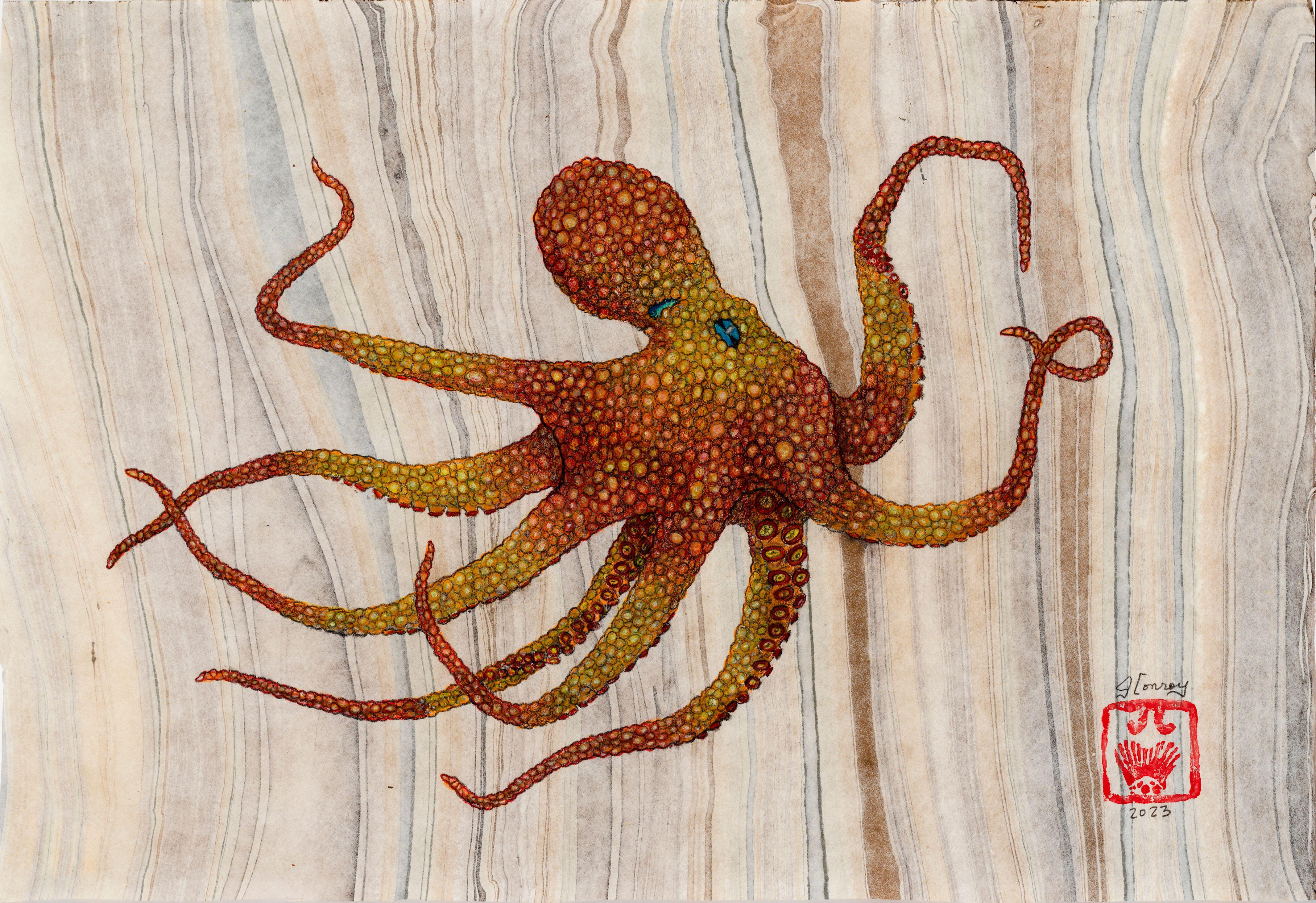 Jeff Conroy Animal Art - Stay Golden Pony Boy - Gyotaku Style Sumi Ink Painting of an Octopus 