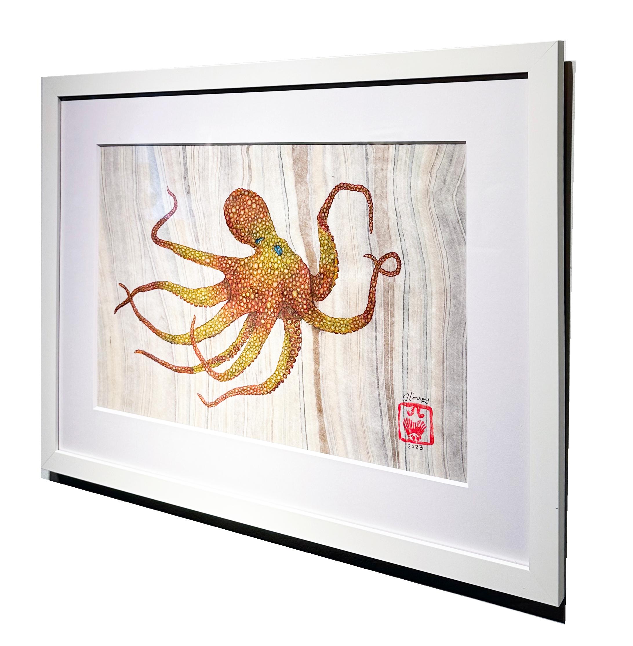 Stay Golden Pony Boy - Dipinto a inchiostro Sumi in stile Gyotaku raffigurante un polpo, incorniciato - Animal Art Beige di Jeff Conroy