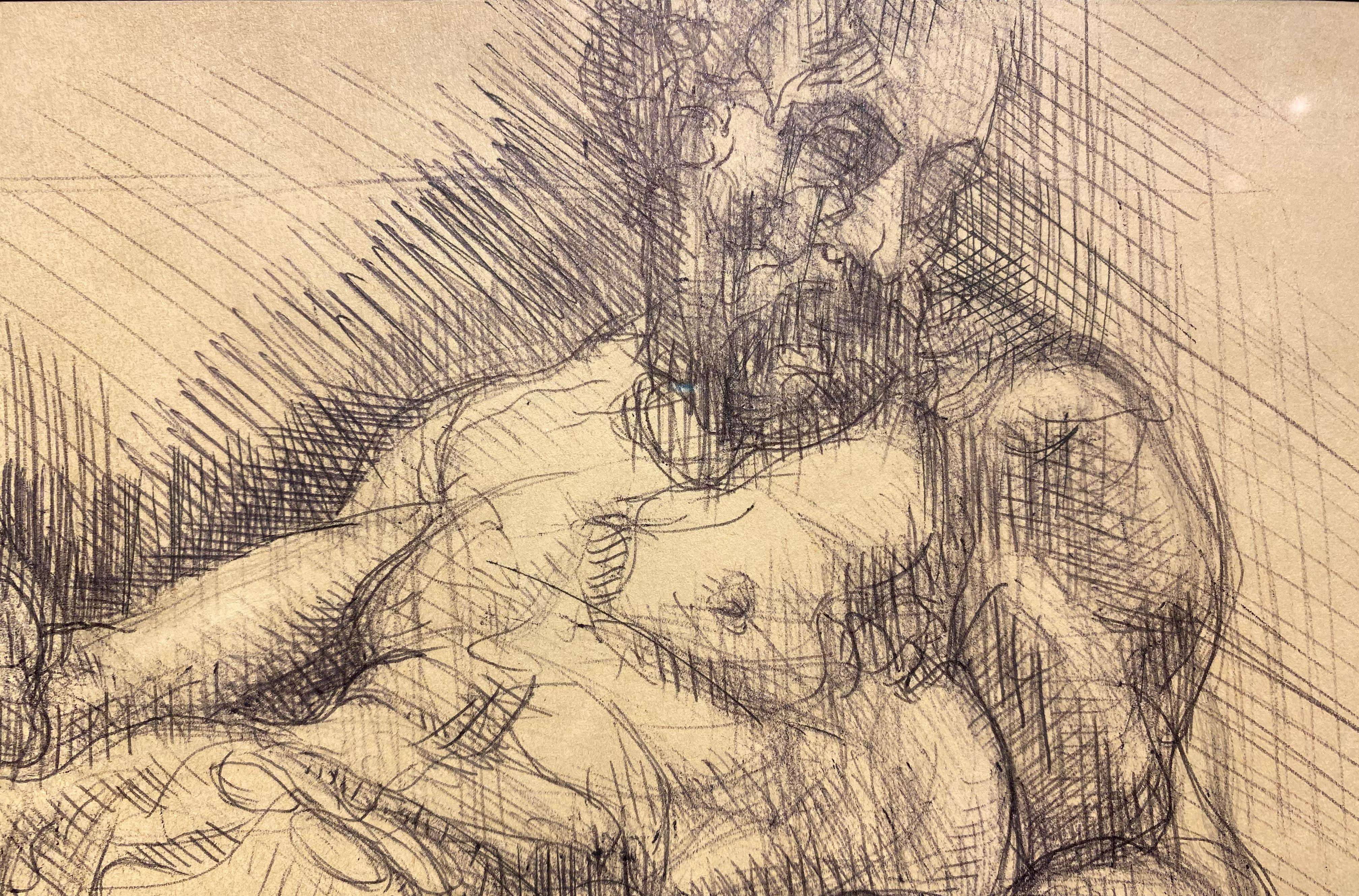 
This particular drawing is a study of the sculpture at the Medici Chapel in Florence, Italy.  The artist creates a true to life representation of the sculpture in question by incorporating techniques of classical academic drawing such as cross