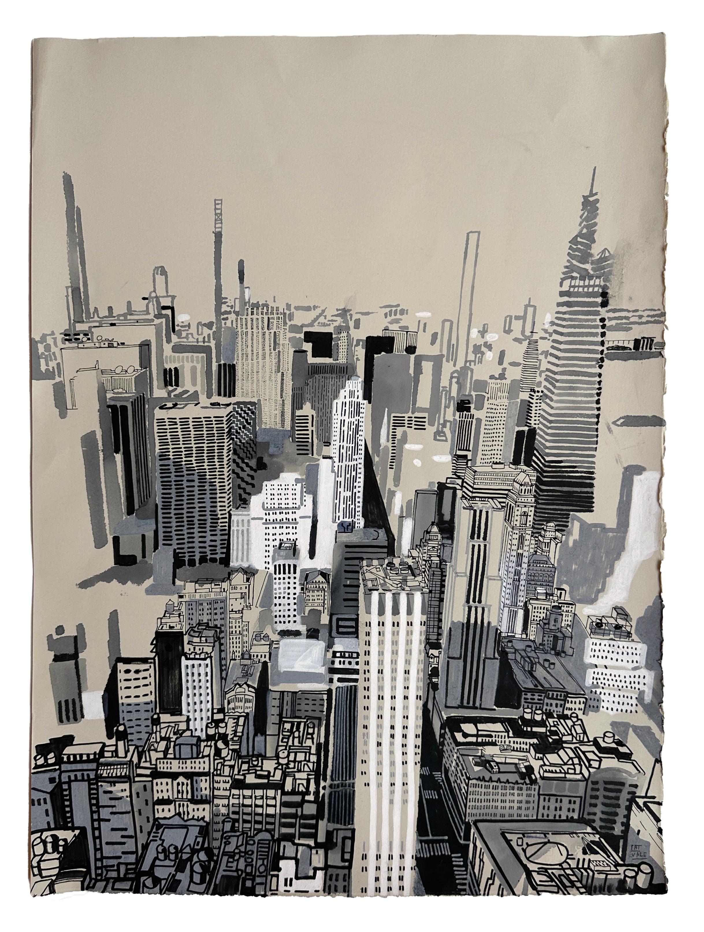 Patrick Vale Portrait – ES I - Birds Eye View of New York City, Original Acryl- und Tinte auf Papier, gerahmt