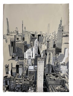 ES I - Vue à l'œil d'oiseau de la ville de New York, acrylique et encre originales sur papier, encadré