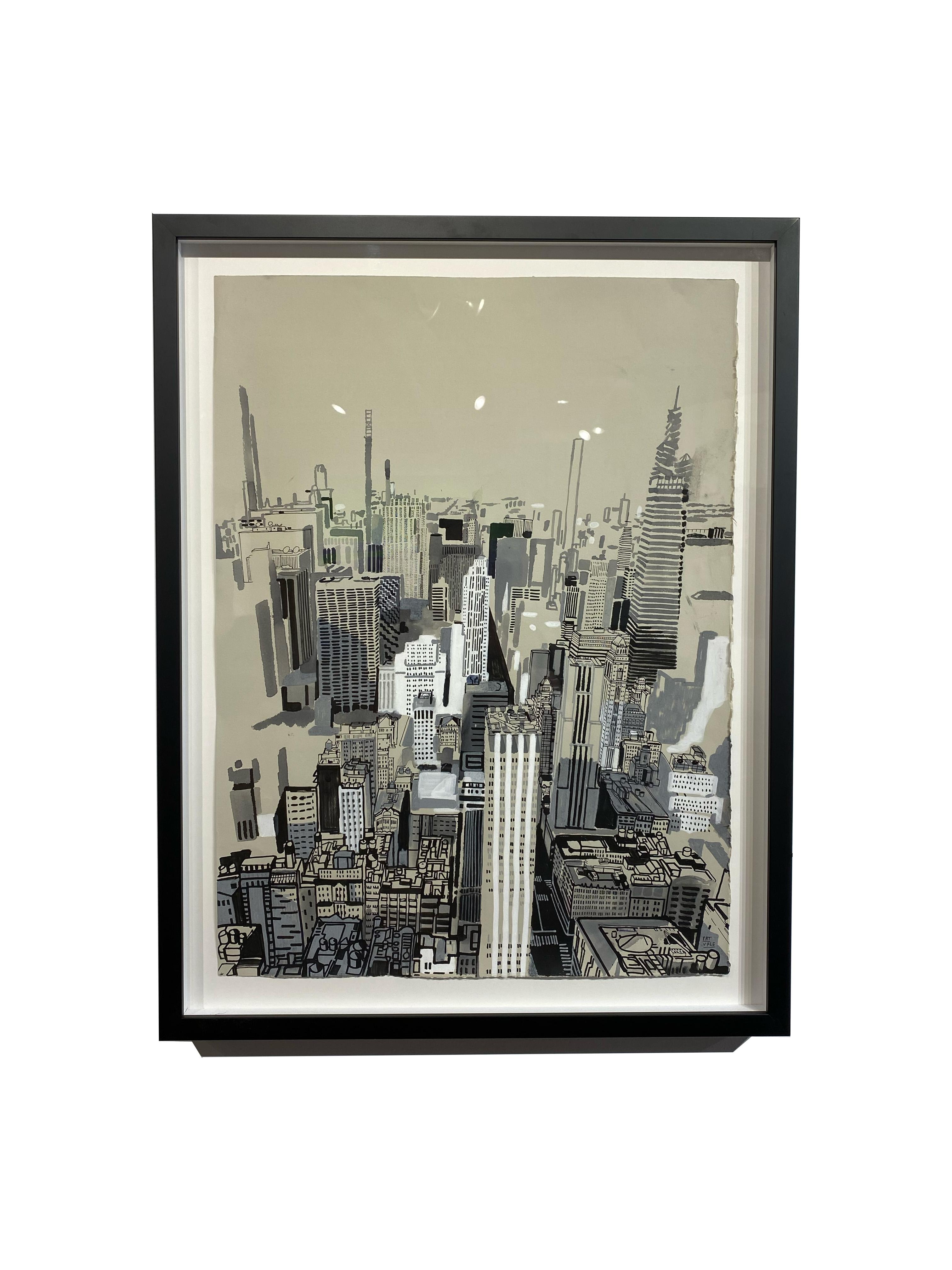 ES I - Birds Eye View of New York City, Original Acrylic & Ink on Paper, Framed - Art by Patrick Vale