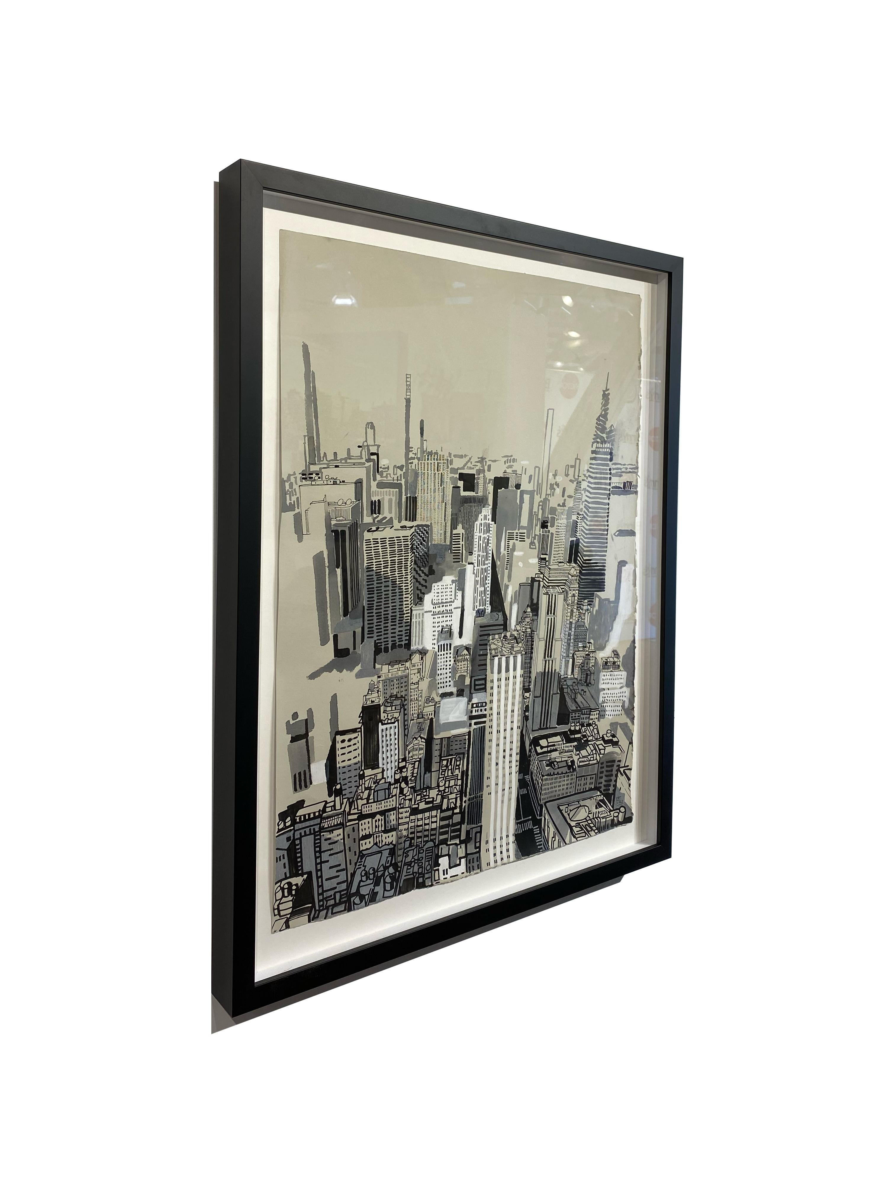ES I - Birds Eye View of New York City, Original Acrylic & Ink on Paper, Framed - Modern Art by Patrick Vale