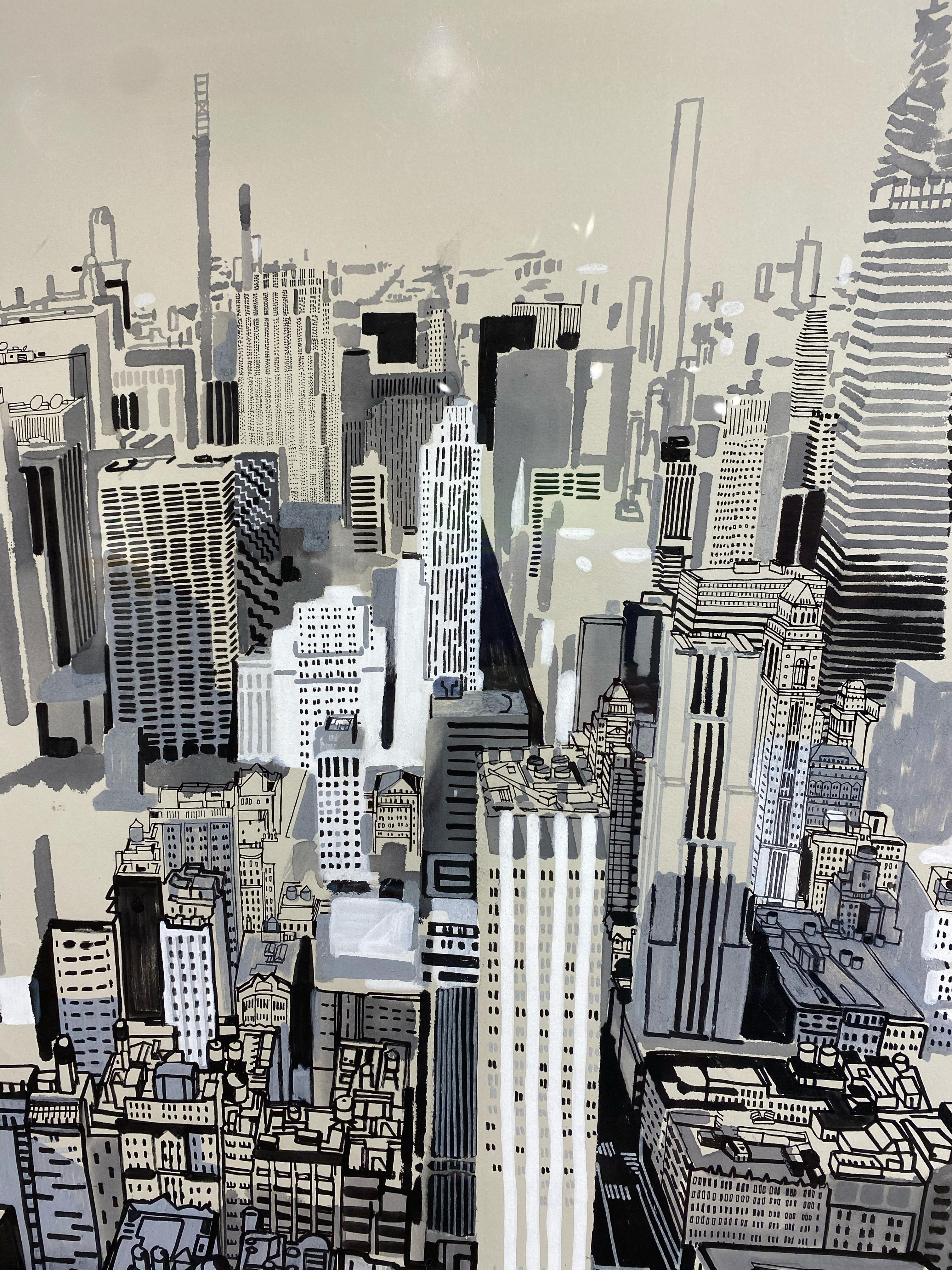 ES I - Birds Eye View of New York City, Original Acryl- und Tinte auf Papier, gerahmt im Angebot 2