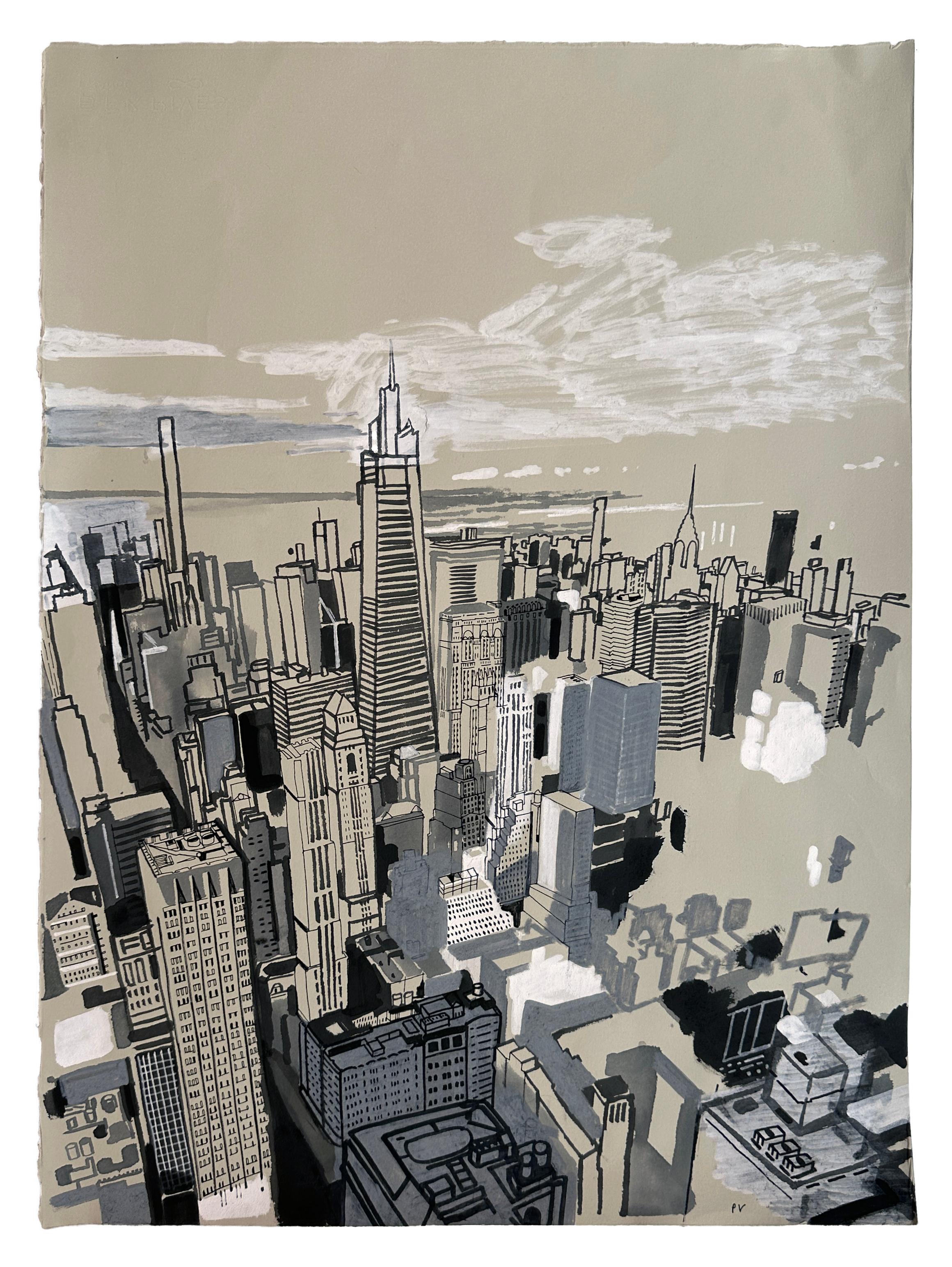 ES II - Birds Eye View of New York City, Original Acryl- und Tinte auf Papier, gerahmt