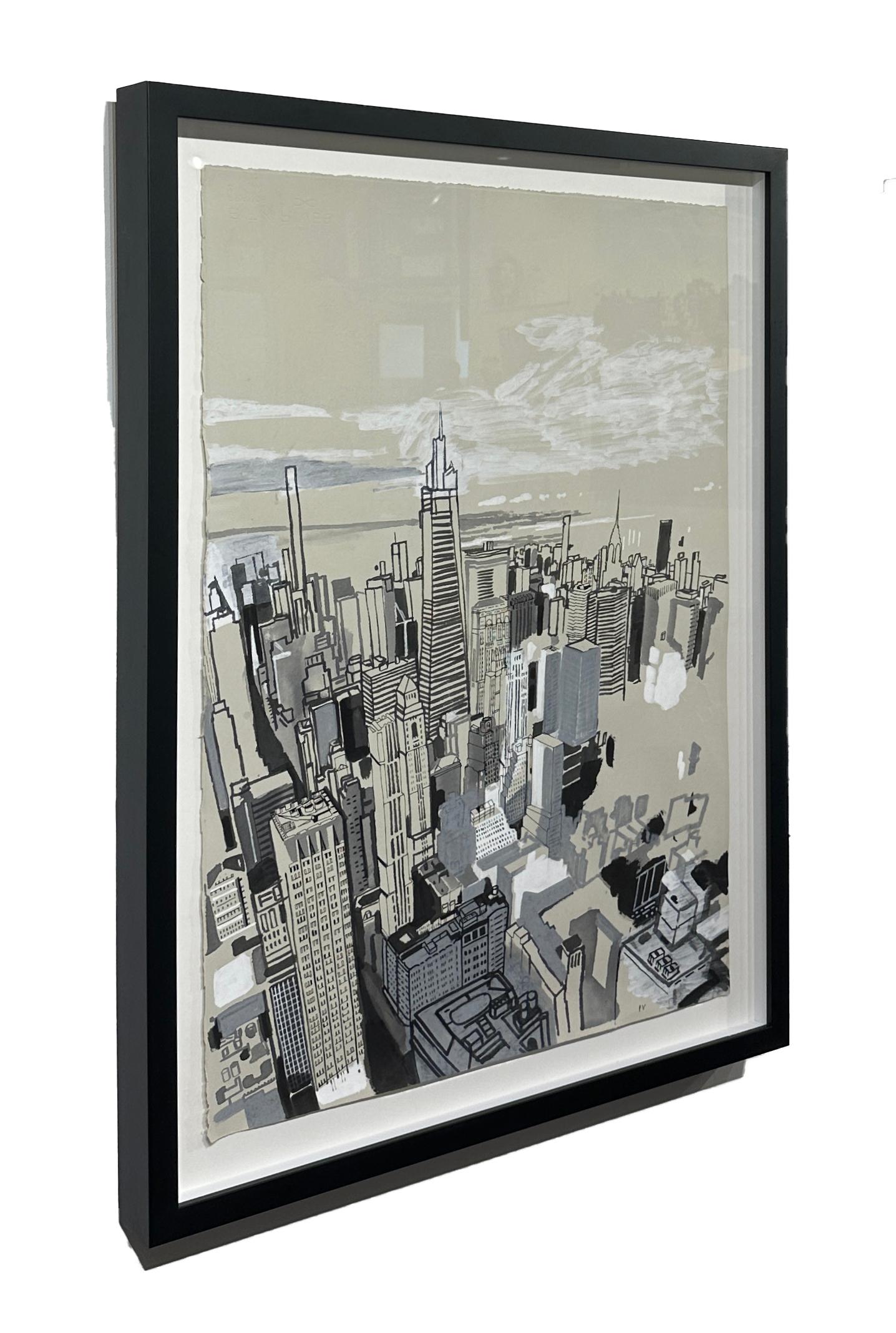ES II - Birds Eye View of New York City, Original Acrylic & Ink on Paper, Framed - Art by Patrick Vale