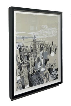 ES II - Birds Eye View of New York City, Original Acrylic & Ink on Paper, Framed