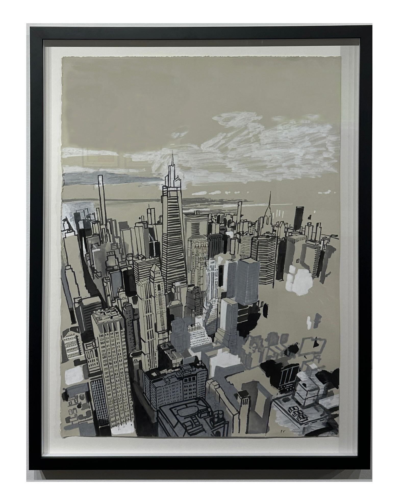 ES II - Birds Eye View of New York City, Original Acrylic & Ink on Paper, Framed - Modern Art by Patrick Vale