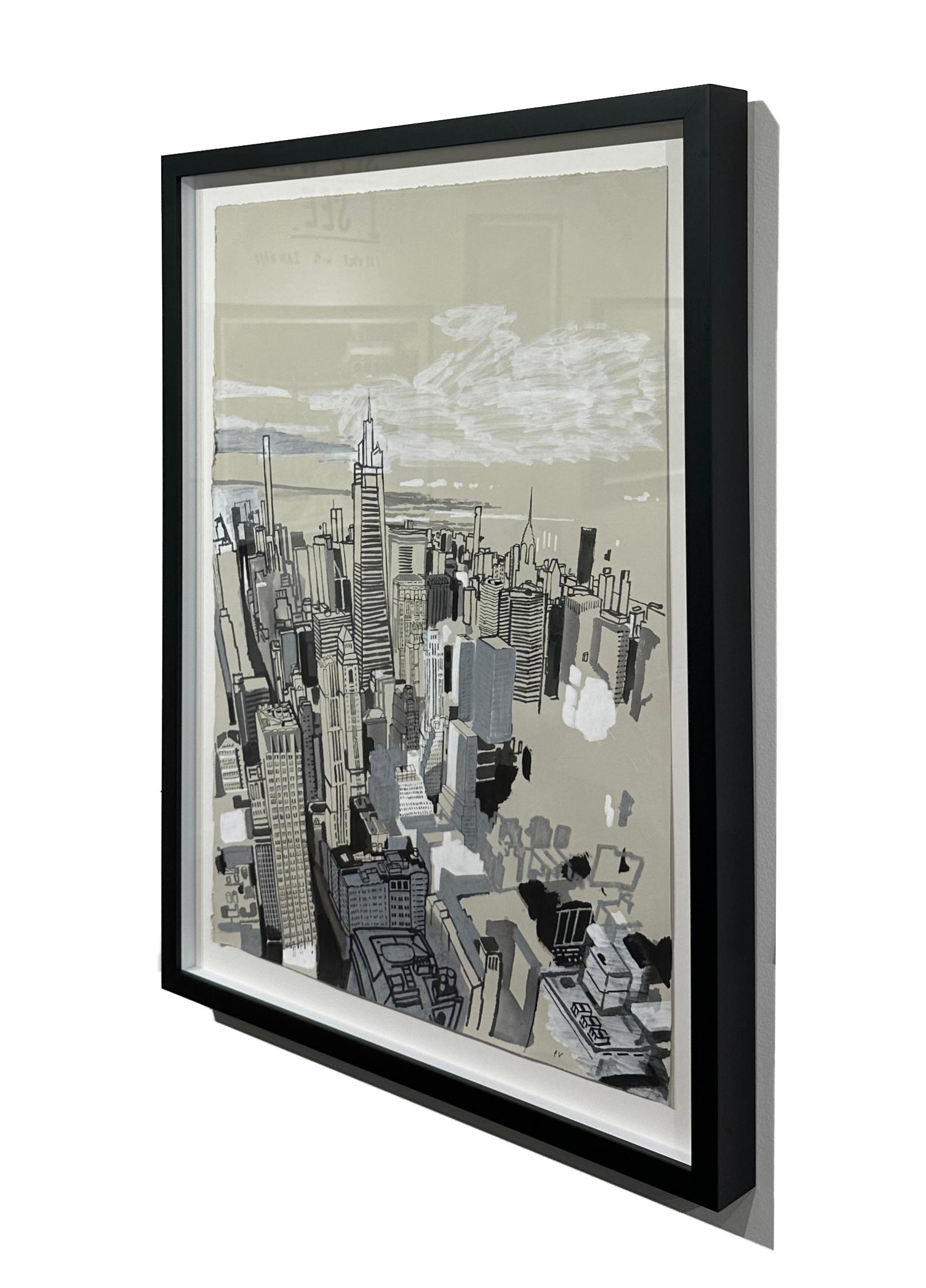 ES II - Birds Eye View of New York City, Original Acrylic & Ink on Paper, Framed For Sale 2
