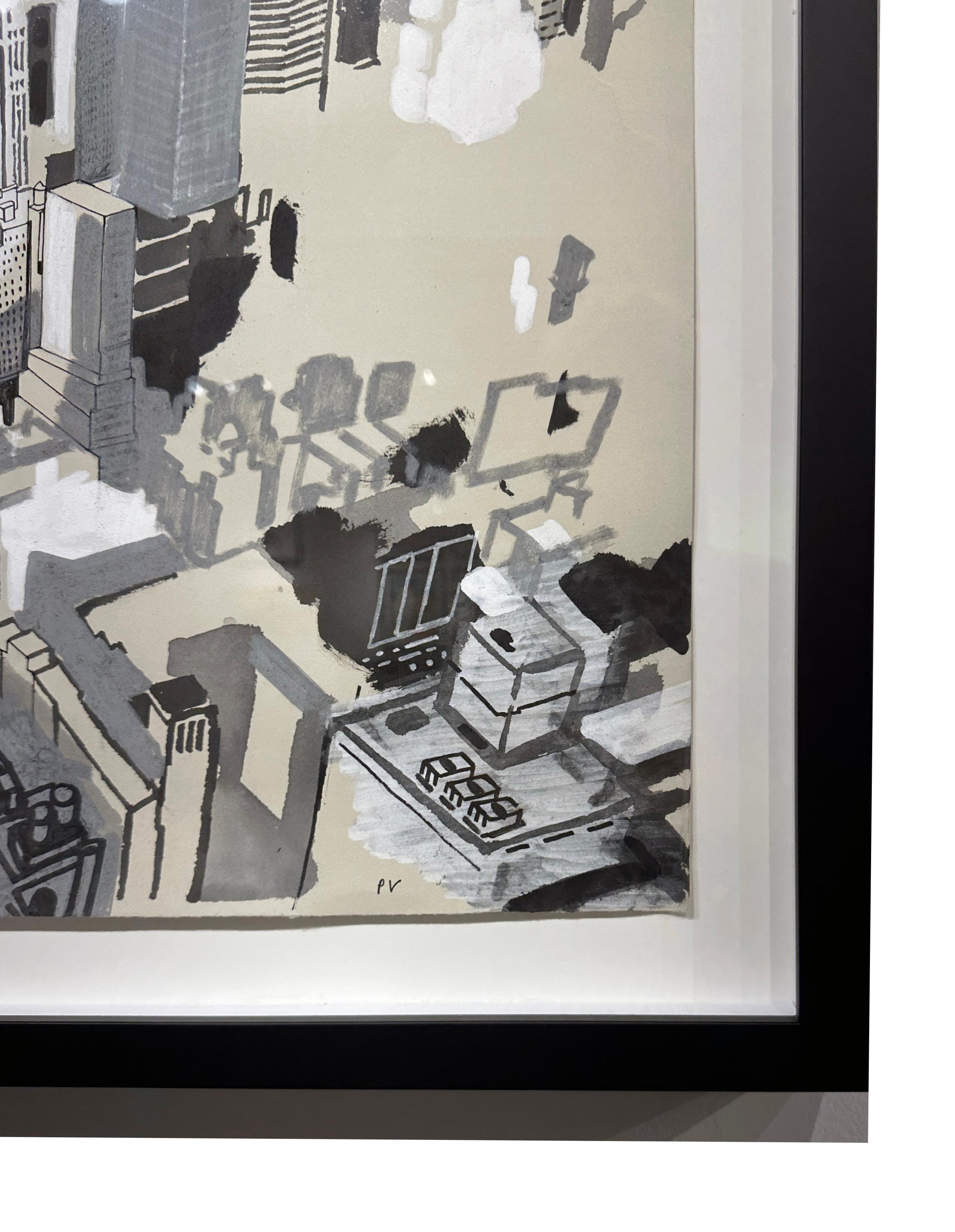 ES II - Birds Eye View of New York City, Original Acrylic & Ink on Paper, Framed For Sale 1