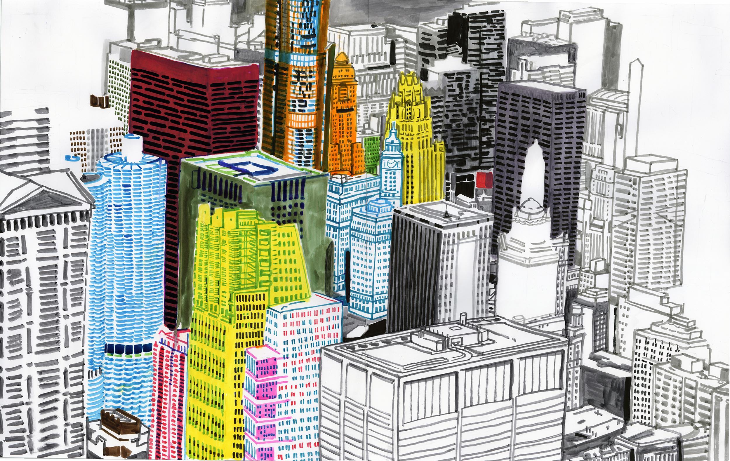 Cityscape - Stilisierte Vogelperspektive von Chicago, Originalwerk auf Papier, gerahmt