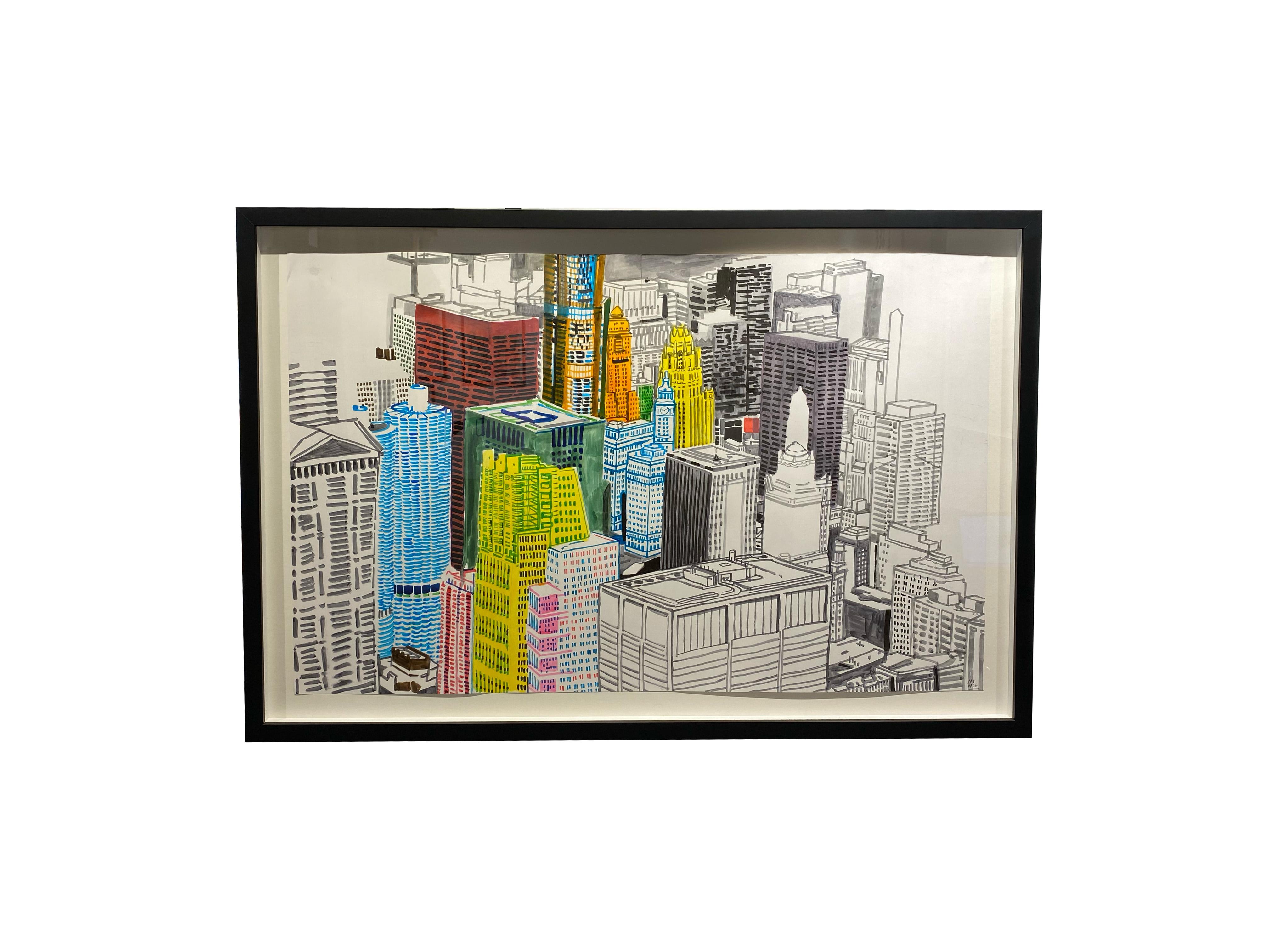 Cityscape - Stylized Birds Eye View of Chicago, Original Work on Paper, Framed - Art by Patrick Vale
