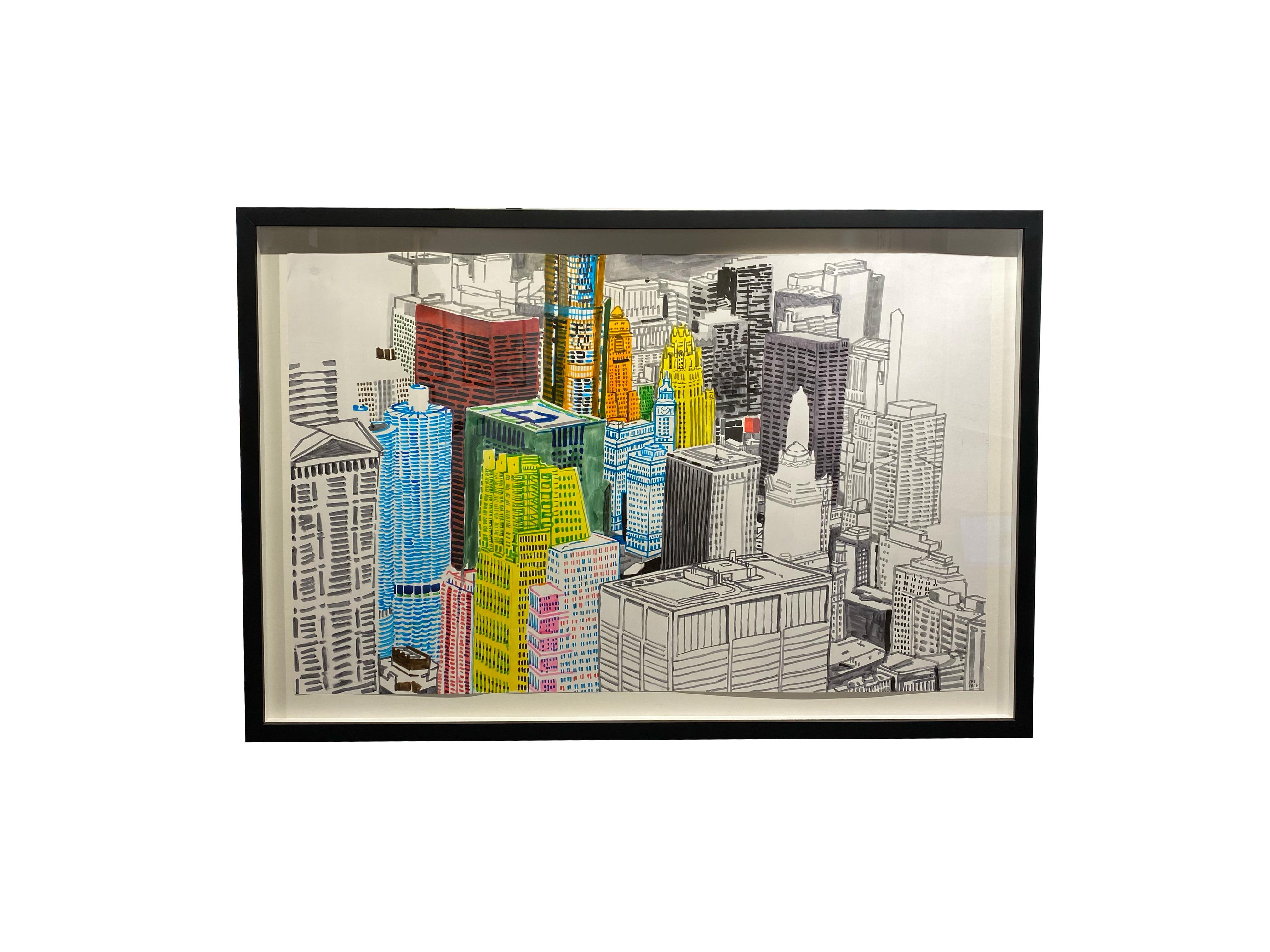 Paesaggio urbano - Vista a volo d'uccello stilizzata di Chicago, opera originale su carta, incorniciata - Art di Patrick Vale