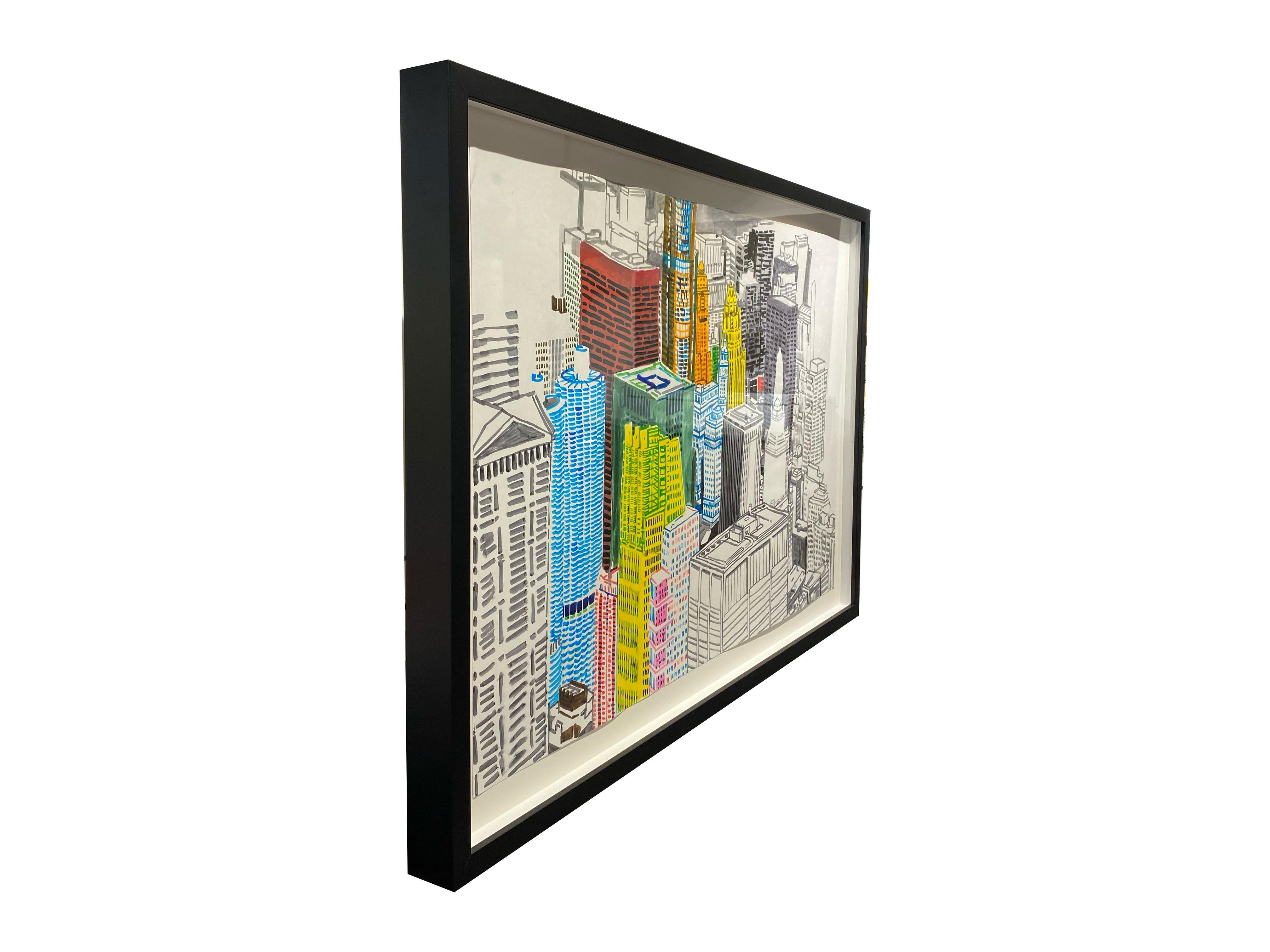 Cityscape - Stylized Birds Eye View of Chicago, Original Work on Paper, Framed - Modern Art by Patrick Vale