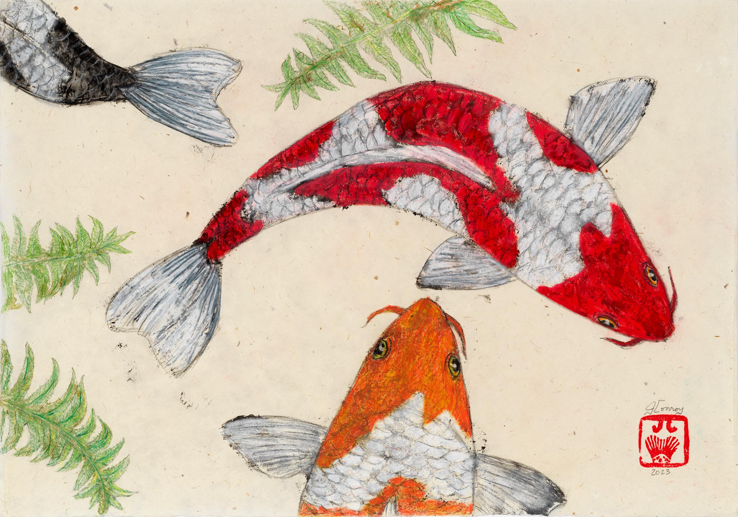 Jeff Conroy Animal Painting - Three's Company - Gyotaku Style Sumi Ink Painting of Multi-Colored Koi on Paper
