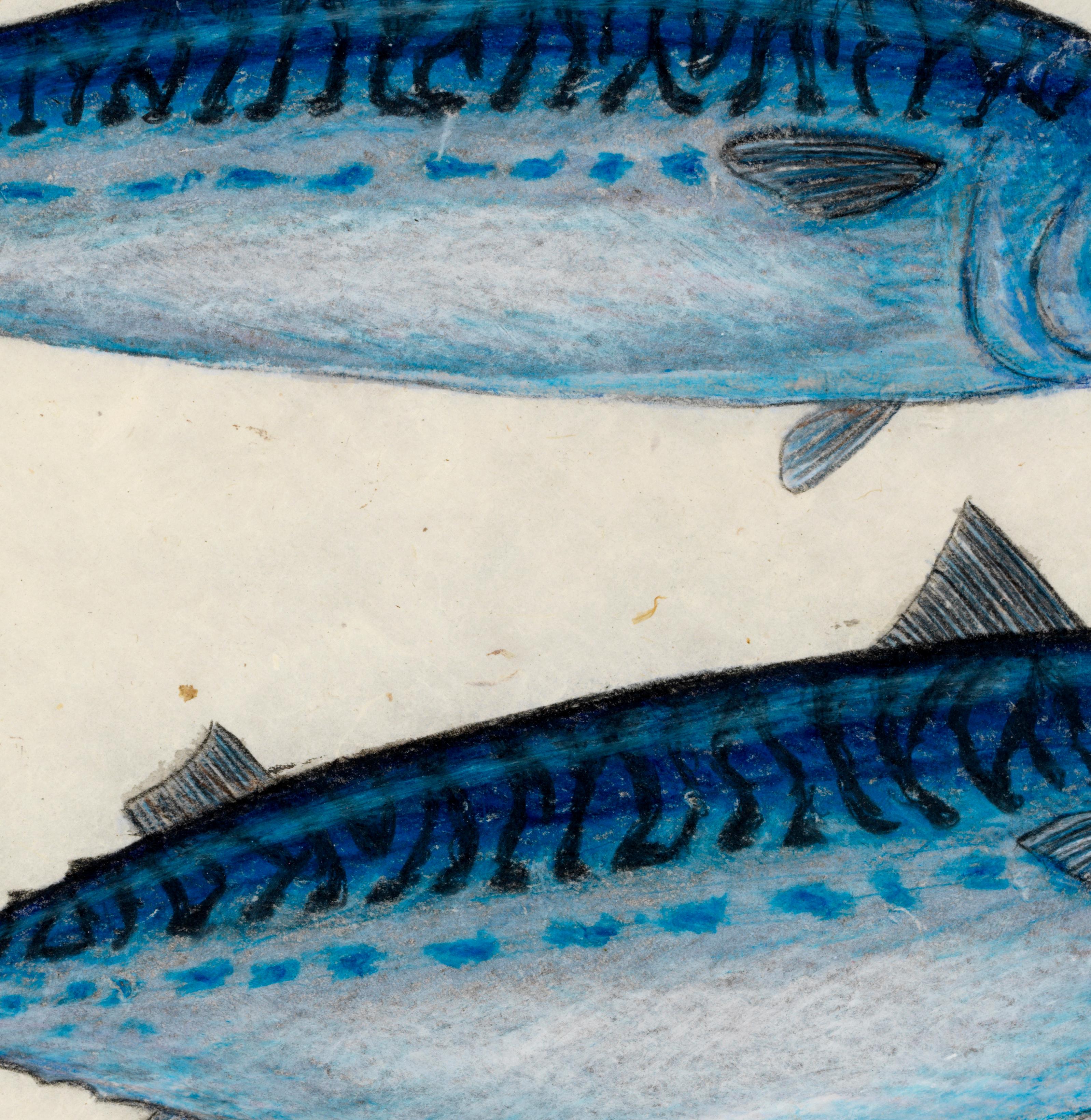 Zwei Macks – Sumi-Tintegemälde aus zwei Mackerel im Gyotaku-Stil mit Sumi-Tinte auf Papier (Beige), Animal Art, von Jeff Conroy