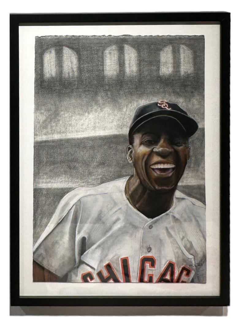 Minnie Minoso - Baseball Great, Original Framed Watercolor on Archival Paper - Painting by Margie Lawrence