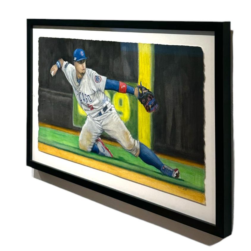  Javier Báez - Baseball Great, Original Framed Watercolor on Archival Paper - Contemporary Painting by Margie Lawrence