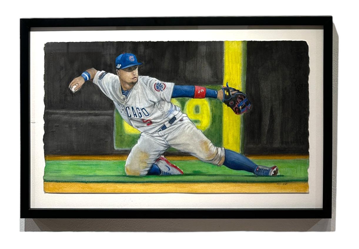  Javier Báez - Baseball Great, Original gerahmtes Aquarell auf Archivpapier – Painting von Margie Lawrence