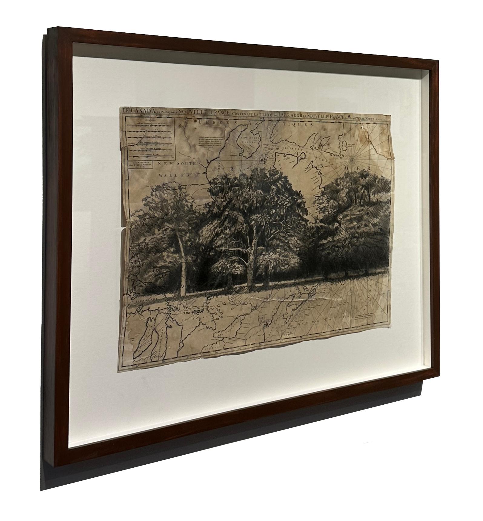 Neues Frankreich und Labrador – Detaillierte Graphit-Landschaft auf antiker Karte, gerahmt (Beige), Landscape Art, von Don Pollack