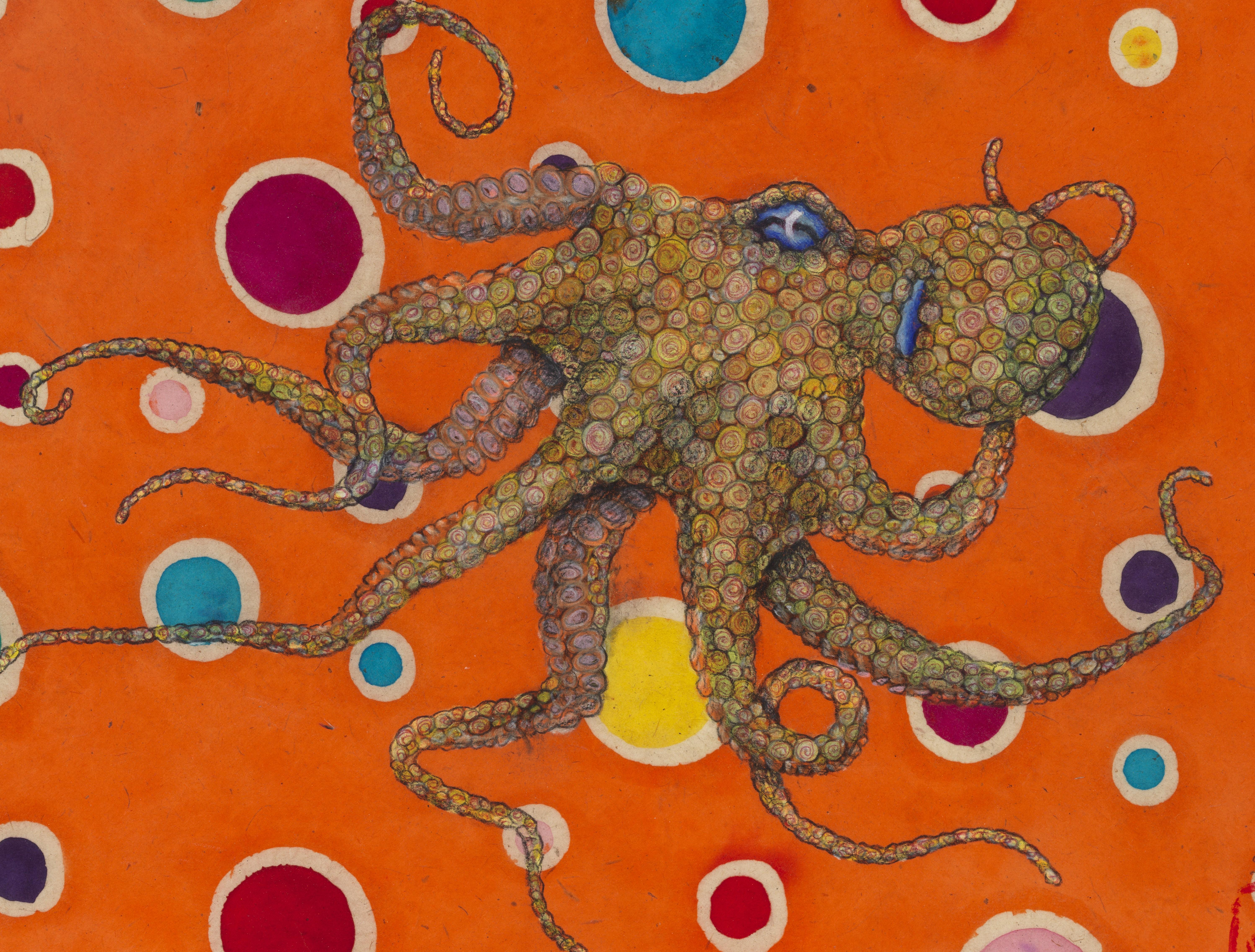 M. Bubbles, Goldfinger, peinture à l'encre Sumi de style Gyotaku représentant un octope  - Painting de Jeff Conroy