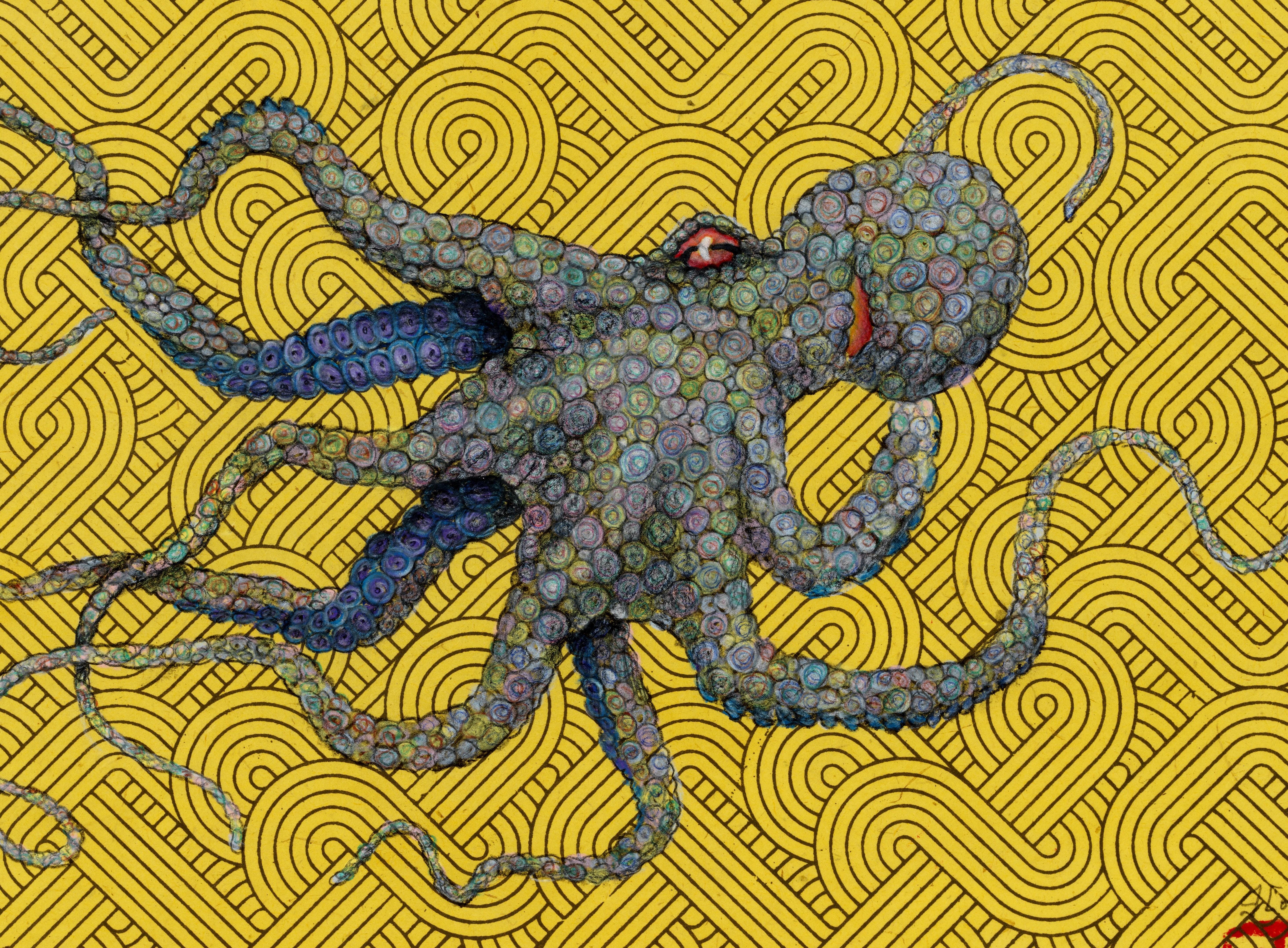 Goldilocks, Pastel - Gyotaku Style Sumi Ink Painting of an Octopus  - Art by Jeff Conroy