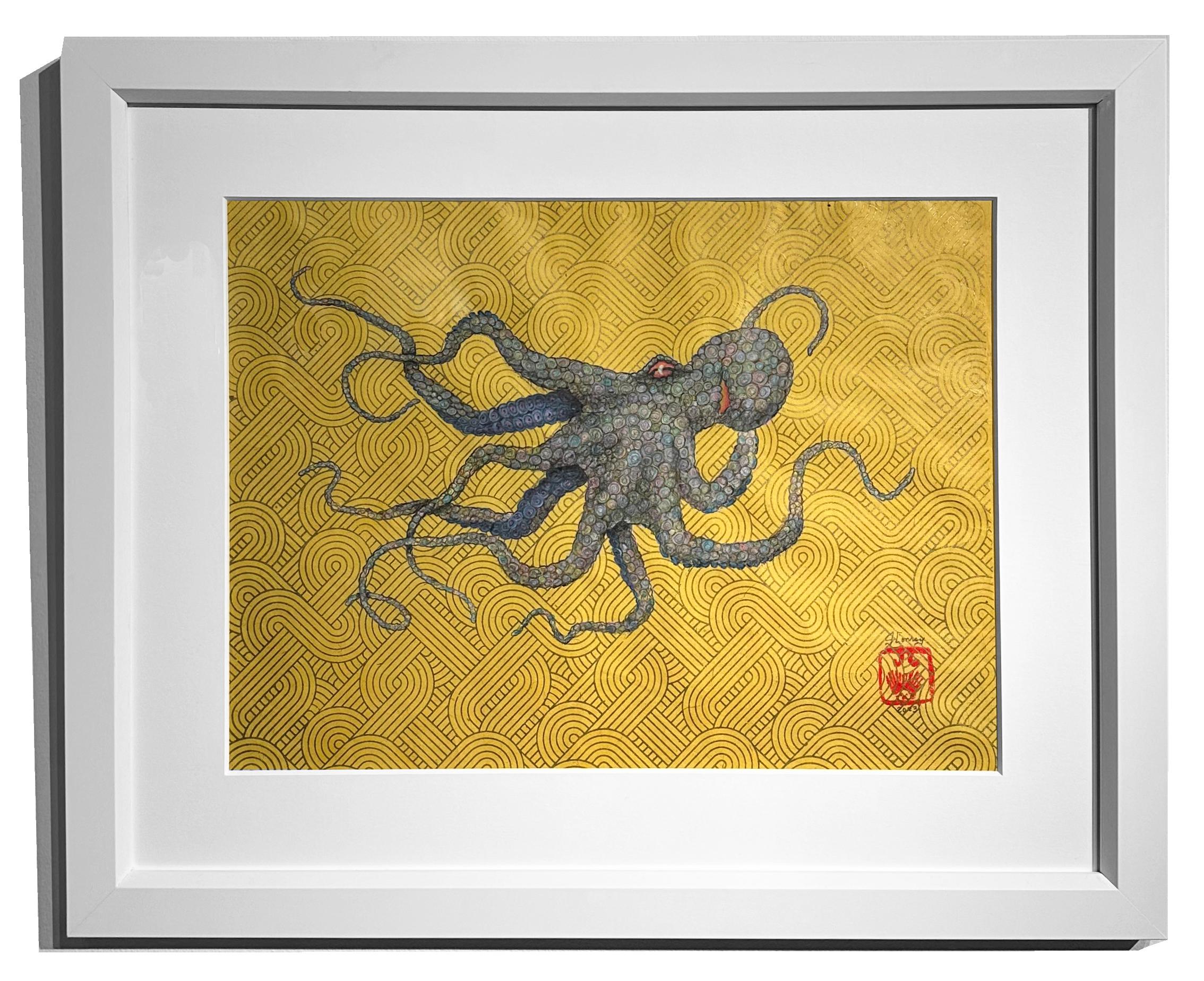 Riccioli d'oro, pastello - Pittura a inchiostro sumi in stile Gyotaku di un polpo in vendita 2