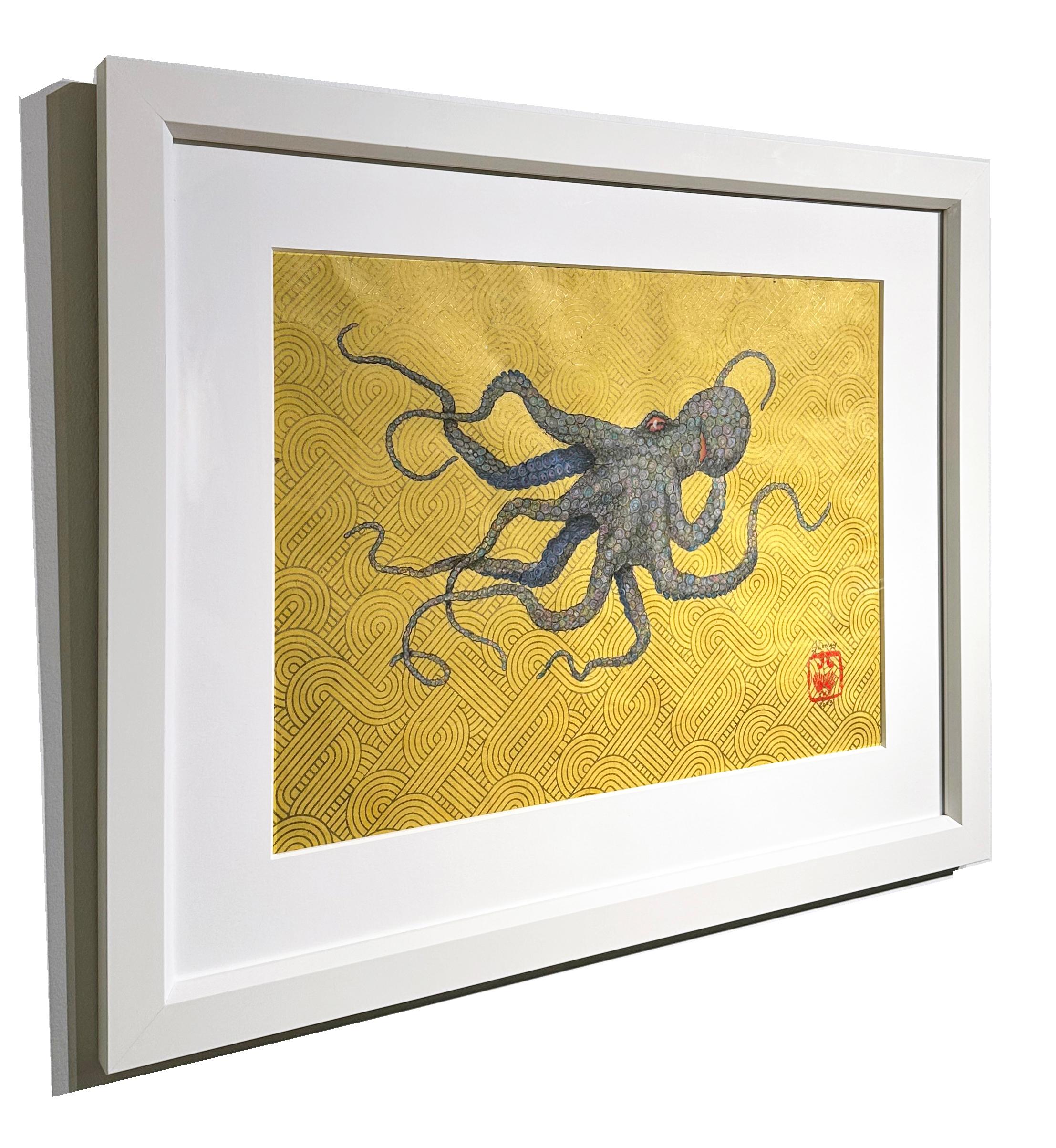 Riccioli d'oro, pastello - Pittura a inchiostro sumi in stile Gyotaku di un polpo in vendita 1