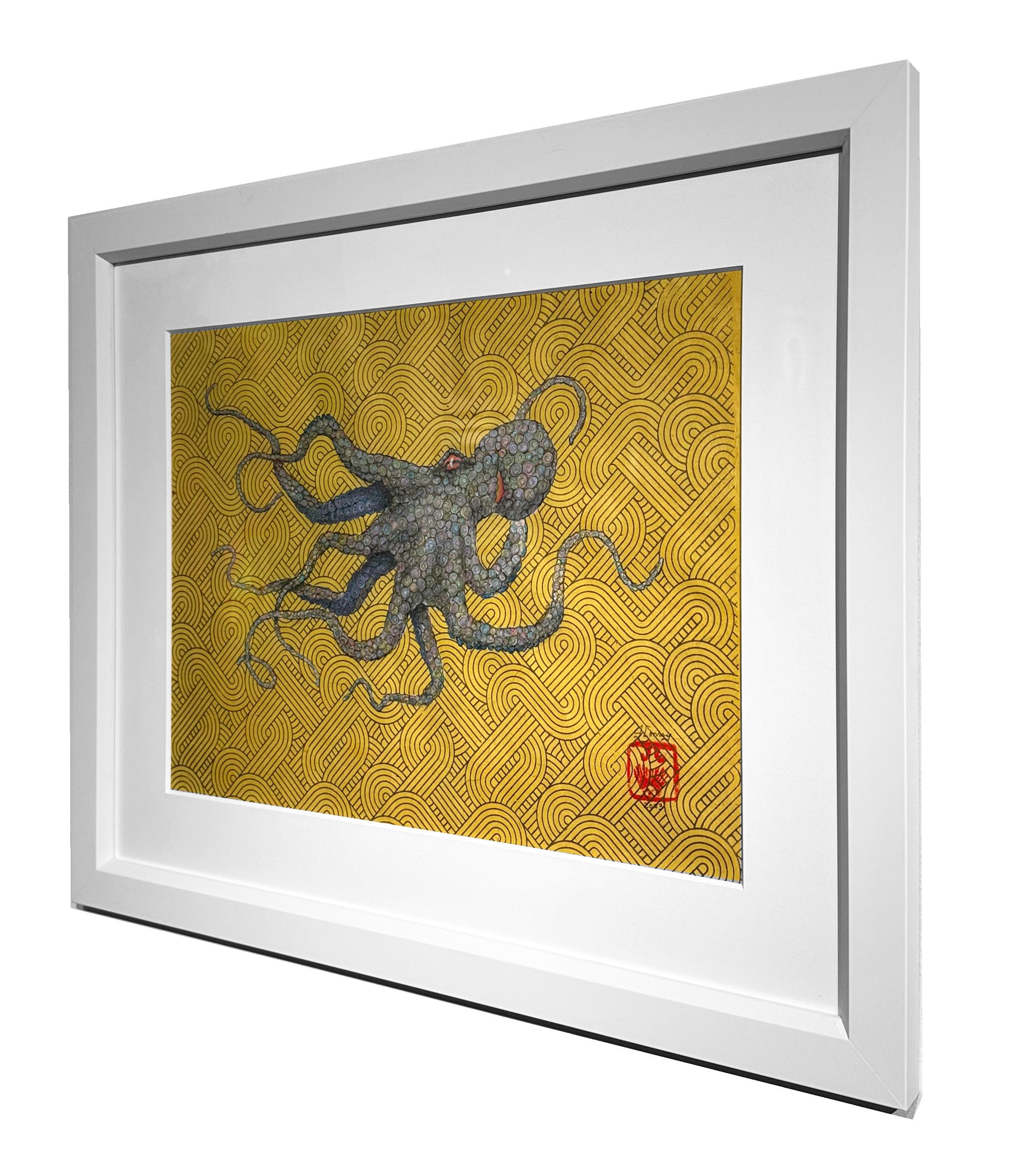 Un piccolo polipo è inchiostrato secondo lo stile giapponese della stampa Gyotaku.  Utilizzando l'inchiostro sumi per 