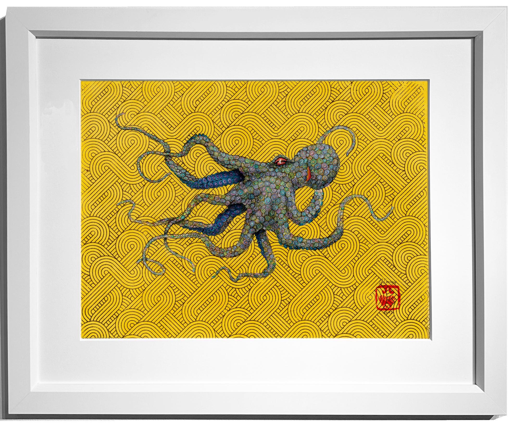 Animal Art di Jeff Conroy - Riccioli d'oro, pastello - Pittura a inchiostro sumi in stile Gyotaku di un polpo