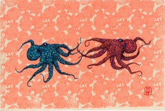 Éventail de mer - Bleu rencontre le rouge - Peinture à l'encre Sumi de style Gyotaku représentant un octope 