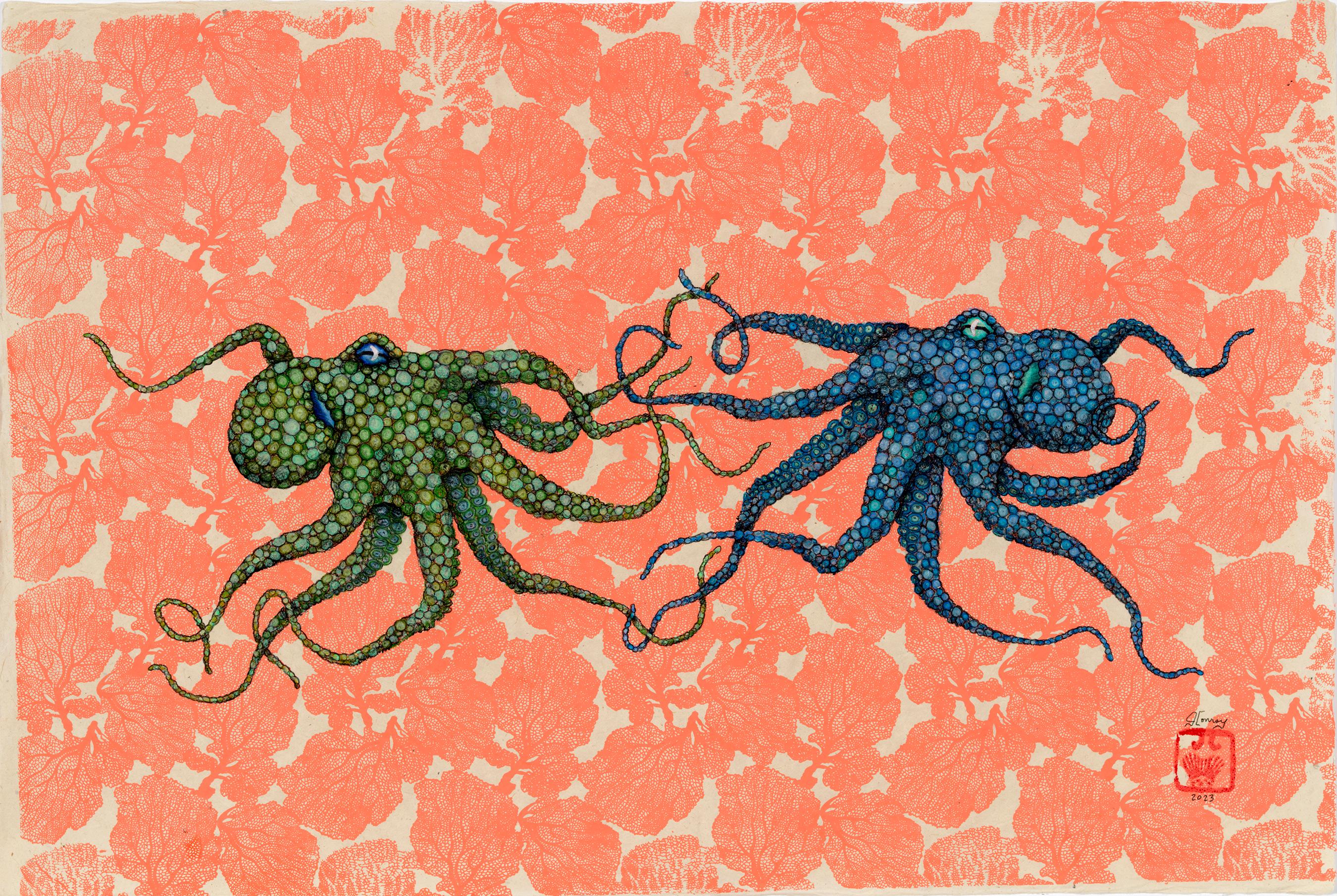 Meeresfächer - Grün trifft auf Blau - Sumi-Tintegemälde im Gyotaku-Stil eines Octopus