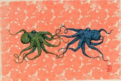 Sea Fan - Green Meets Blue - Gyotaku Style Sumi Ink Painting of an Octopus