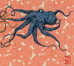 Sea Fan - Green Meets Blue - Gyotaku Style Sumi Ink Painting of an Octopus