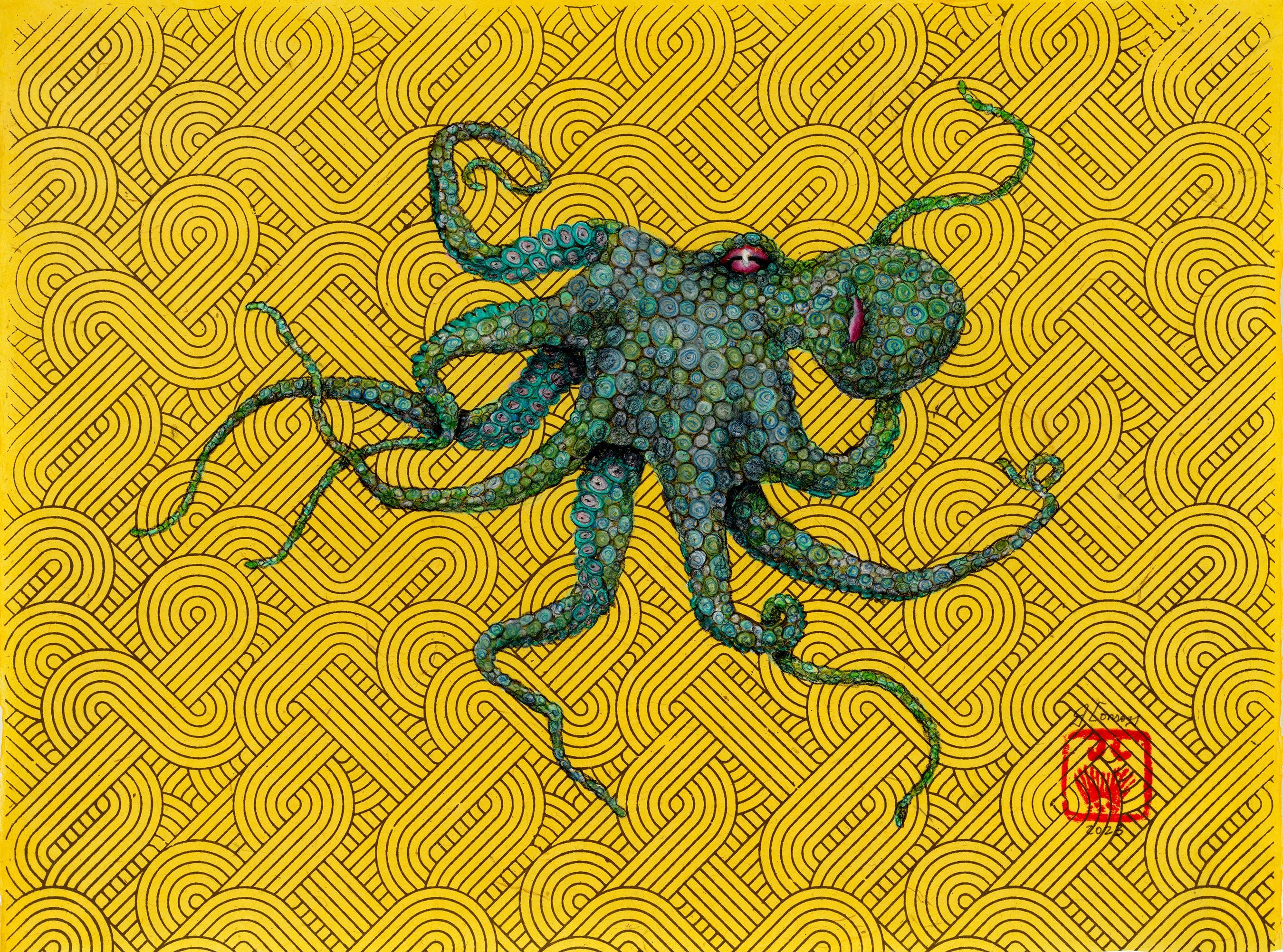 Jeff Conroy Animal Art - Goldilocks - Green Goblin - Gyotaku Style Sumi Ink Painting of an Octopus