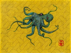Goldilocks - Green Goblin - Gyotaku Style Sumi Ink Painting of an Octopus