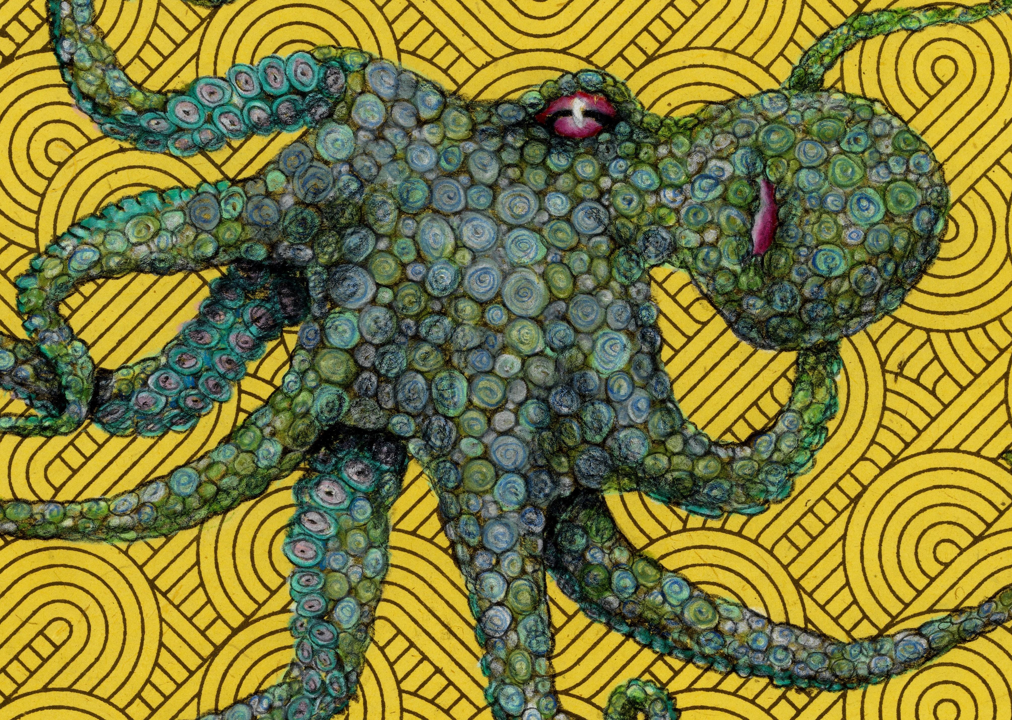 Boucle d'or - Goblin vert - Gyotaku Style Sumi Ink Painting of an Octopus (peinture à l'encre Sumi d'une pieuvre) - Contemporain Art par Jeff Conroy