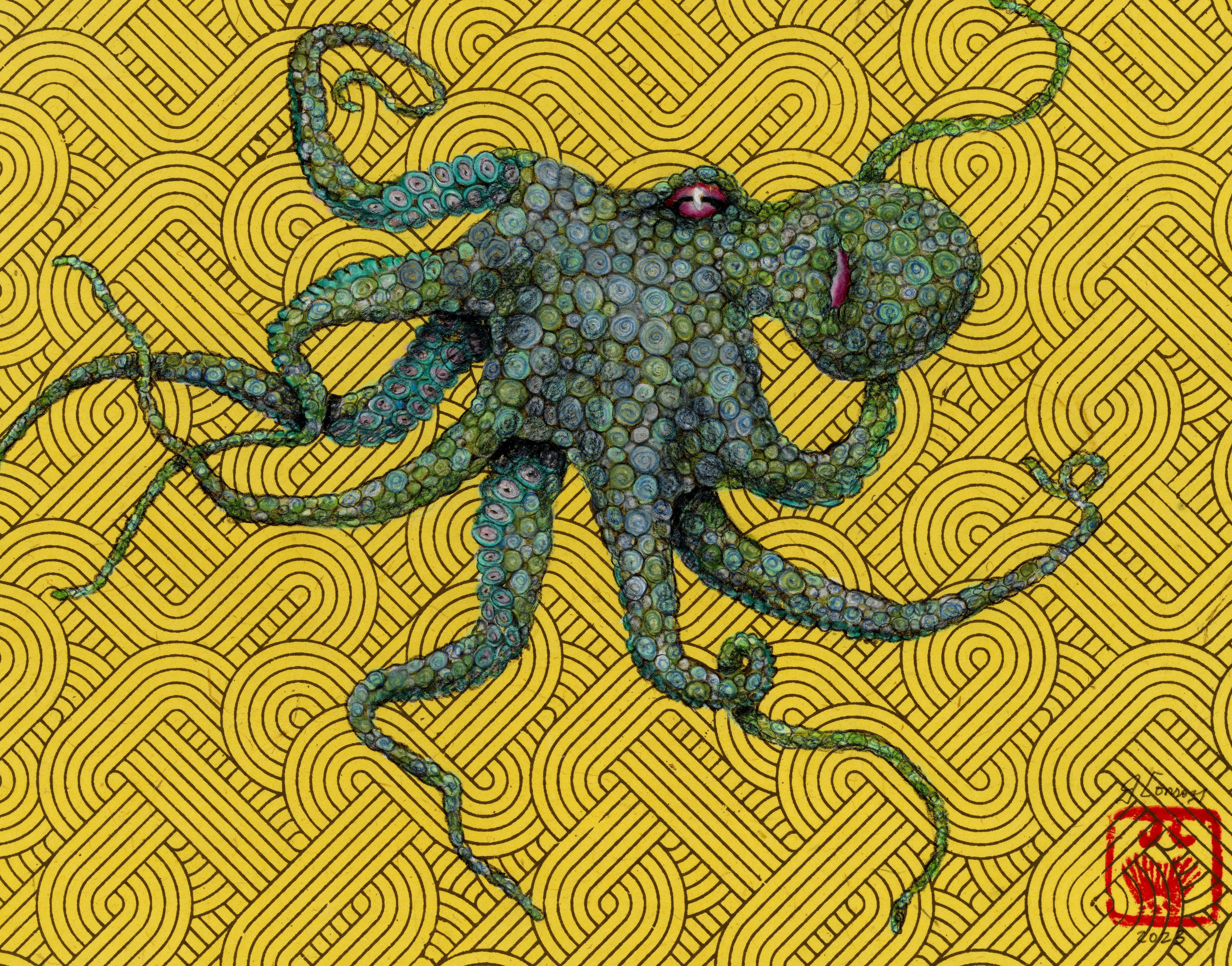 Boucle d'or - Goblin vert - Gyotaku Style Sumi Ink Painting of an Octopus (peinture à l'encre Sumi d'une pieuvre) - Art de Jeff Conroy