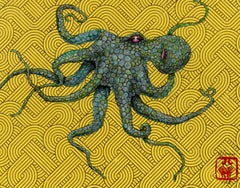 Goldilocks - Green Goblin - Gyotaku Style Sumi Ink Painting of an Octopus