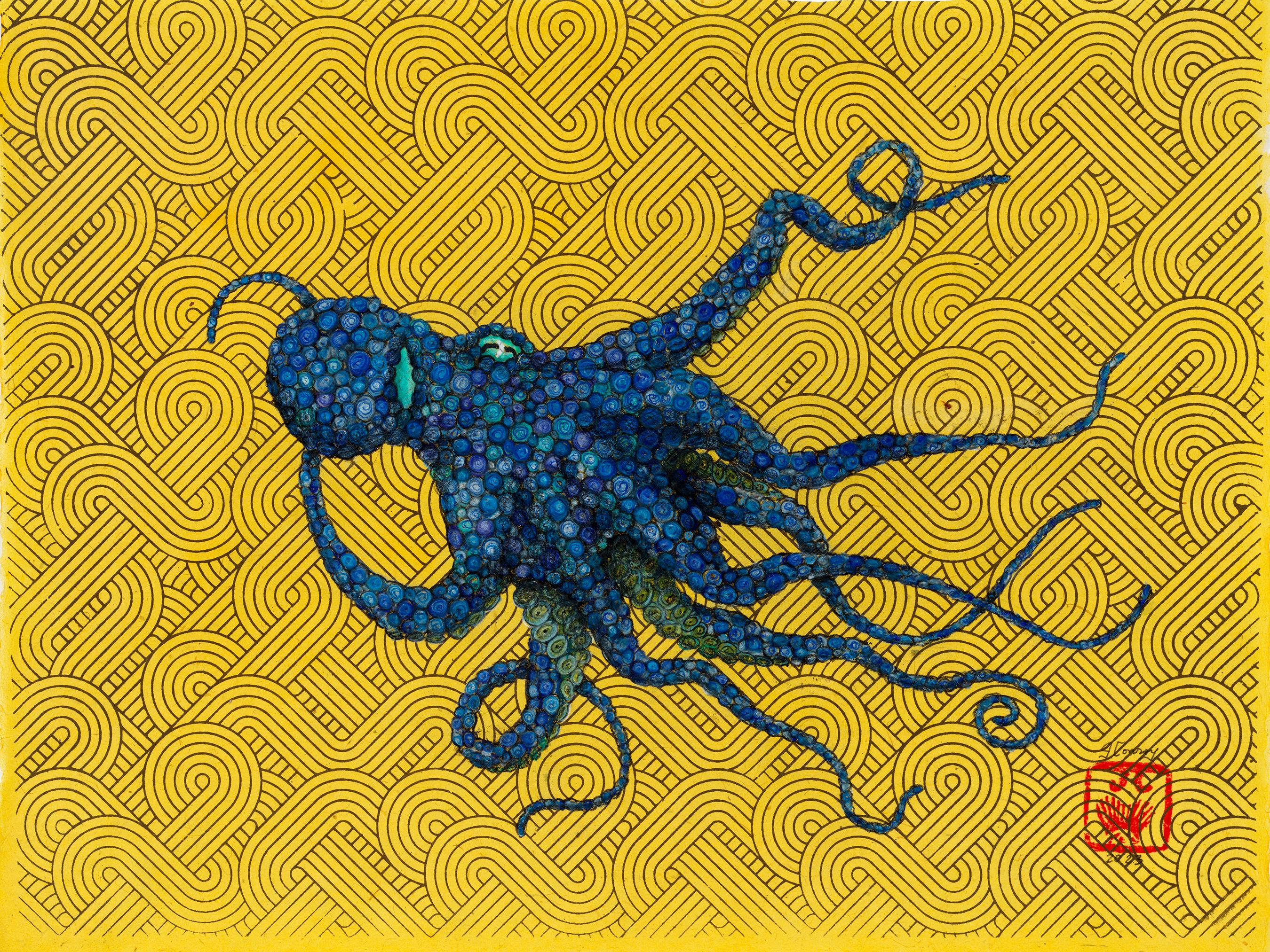 Jeff Conroy Animal Painting - Goldilocks - Blue Moon - Gyotaku Style Sumi Ink Painting of an Octopus