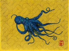 Goldilocks - Blue Moon - Peinture à l'encre Sumi de style Gyotaku d'un octope