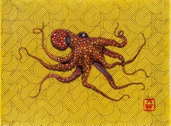Goldilocks - Flaming Hot - Peinture à l'encre Sumi de style Gyotaku représentant un octope
